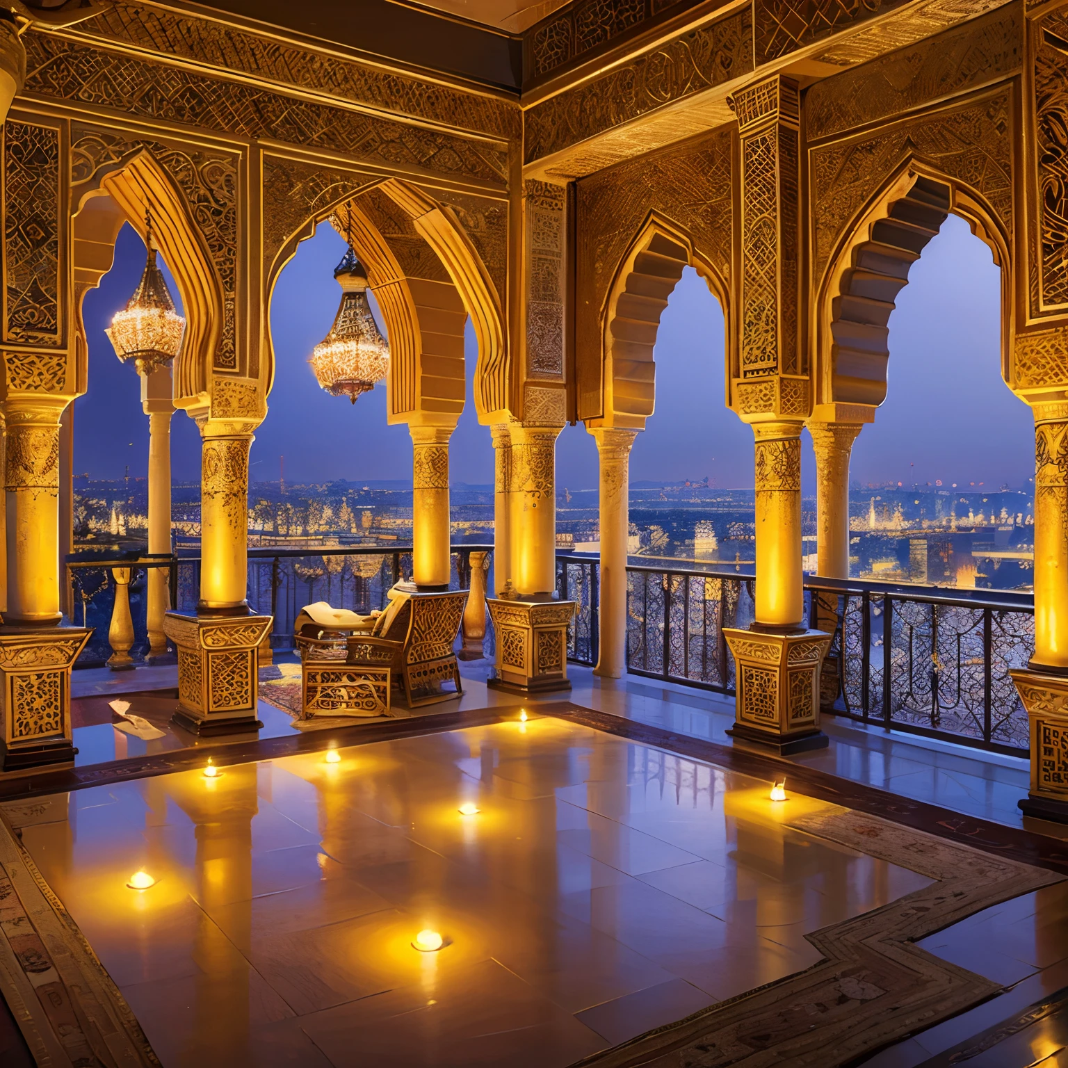 Late evening, Scheherizade's Persian Bedroom, Beautiful Arabian balcony, Beautiful columns, vases, Arabian Patterns, evening light, Arabian Art, Richly decorated Turkic palace, beautiful art uhd 4 k, Arabic architecture with columns and vases, Beautiful view, Painting of Orientalism, Islamic Interior Design, beautiful high resolution, A beautiful place, Oriental Scene, Arabian Night in Style 1001 Nights, magnificent background, Beautiful aesthetics