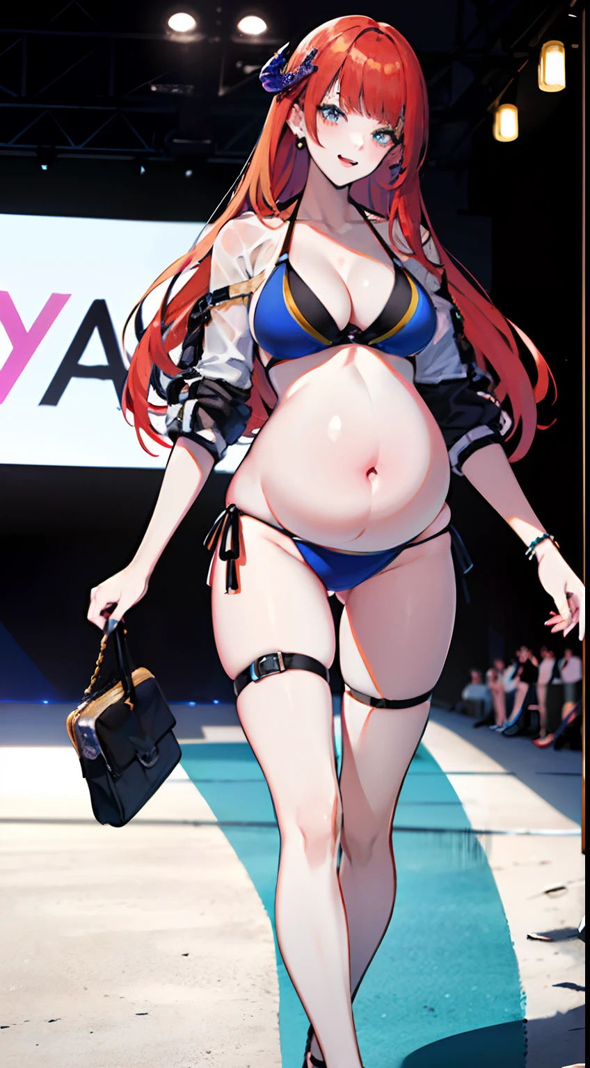 Caitlin Dev 1, As a swimsuit model, Realistic pictures, (((walking down the catwalk))), (self-assured), ((Catwalk background)), (Bikini), (Feminine), ((Sexy face)), ((Detailed pupils)), ((Perfect eyes)), (revealing outfit), Extremely detailed painting, Intricate, Brush strokes, ((The art of Bastian Lekuf-Deham)), 8K wallpaper, Nikon, trending on artstationh, trending on CGSociety, art by midjourney, (Sexy)，Pregnant women with，The crowd was offstage，Surrounded，A group of pregnant women walk on the catwalk，Large breasts，cleavage