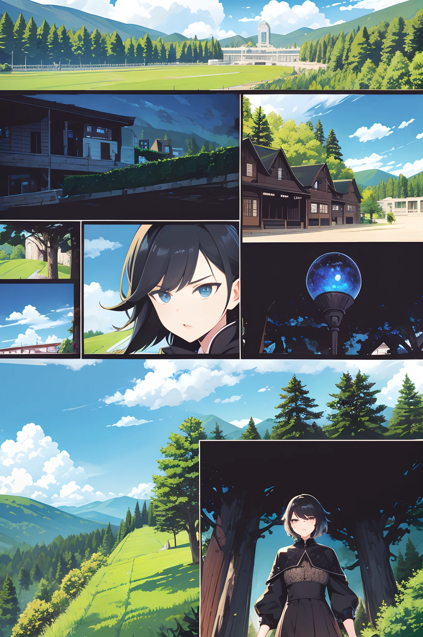 1girl, black hair, short hair, lace, short sleeves, standing, forest, high quality, masterpiece, intricate details