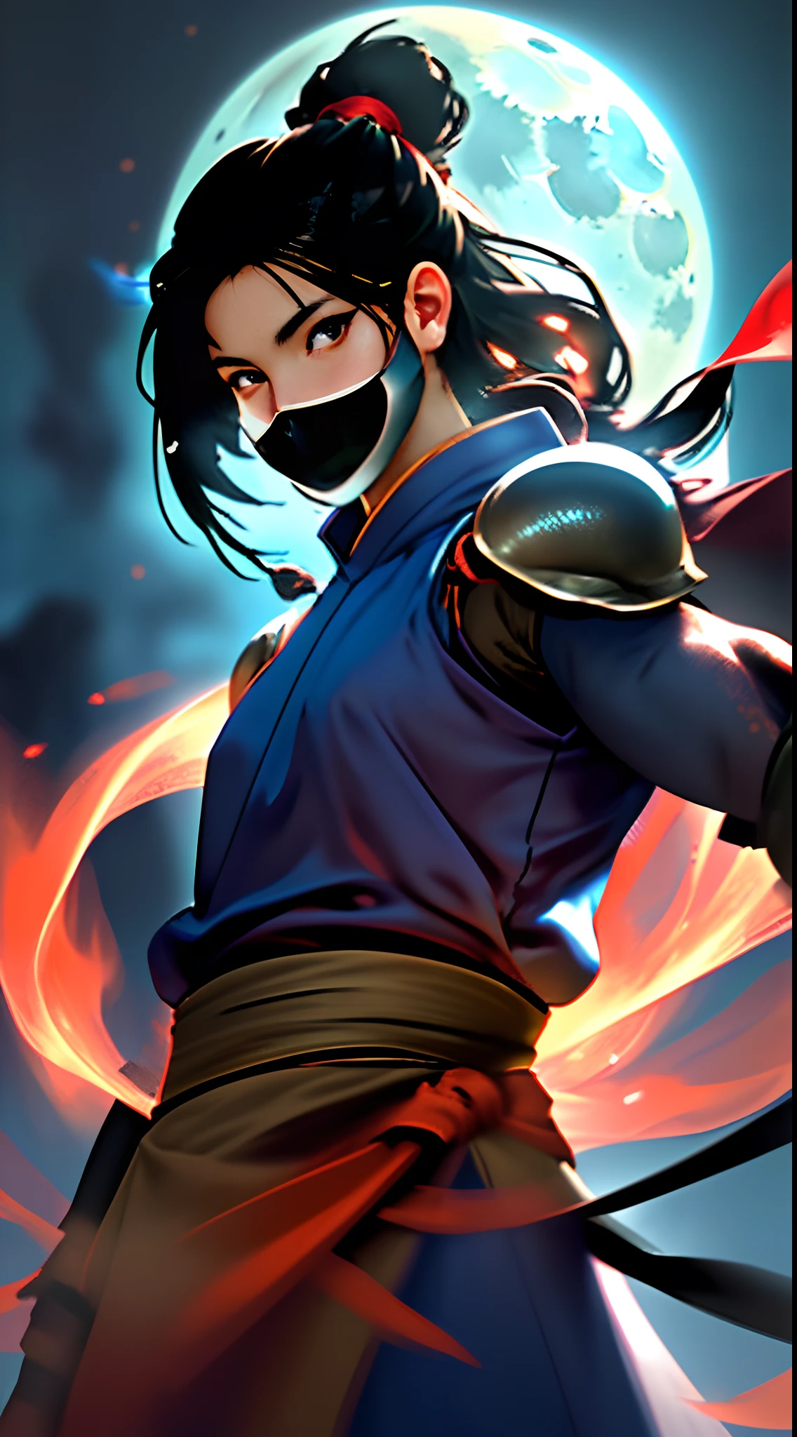 An Asian ninja girl with long legs and ancient ninja armor, wearing iron armor with red particles swirling in the air, Standing on a night plateau in a dark natural environment.
(best quality, 4k, 8k, Alto, master part:1.2), ultra-detalhado, (Realistic, fotorrealista, photo-realistic:1.37), HDR, UHD, studio lighting, Tinta ultrafina, foco nítido, Physically-based rendering, extreme detail description, profissional, vivid colors, Bokeh.
Artistic style: Retrato, realista.
Paleta de cores: Azuis e roxos profundos com toques de vermelho e preto.
The lighting: ofuscar, With the moonlight casting an ethereal glow over the ninja girl and her surroundings.