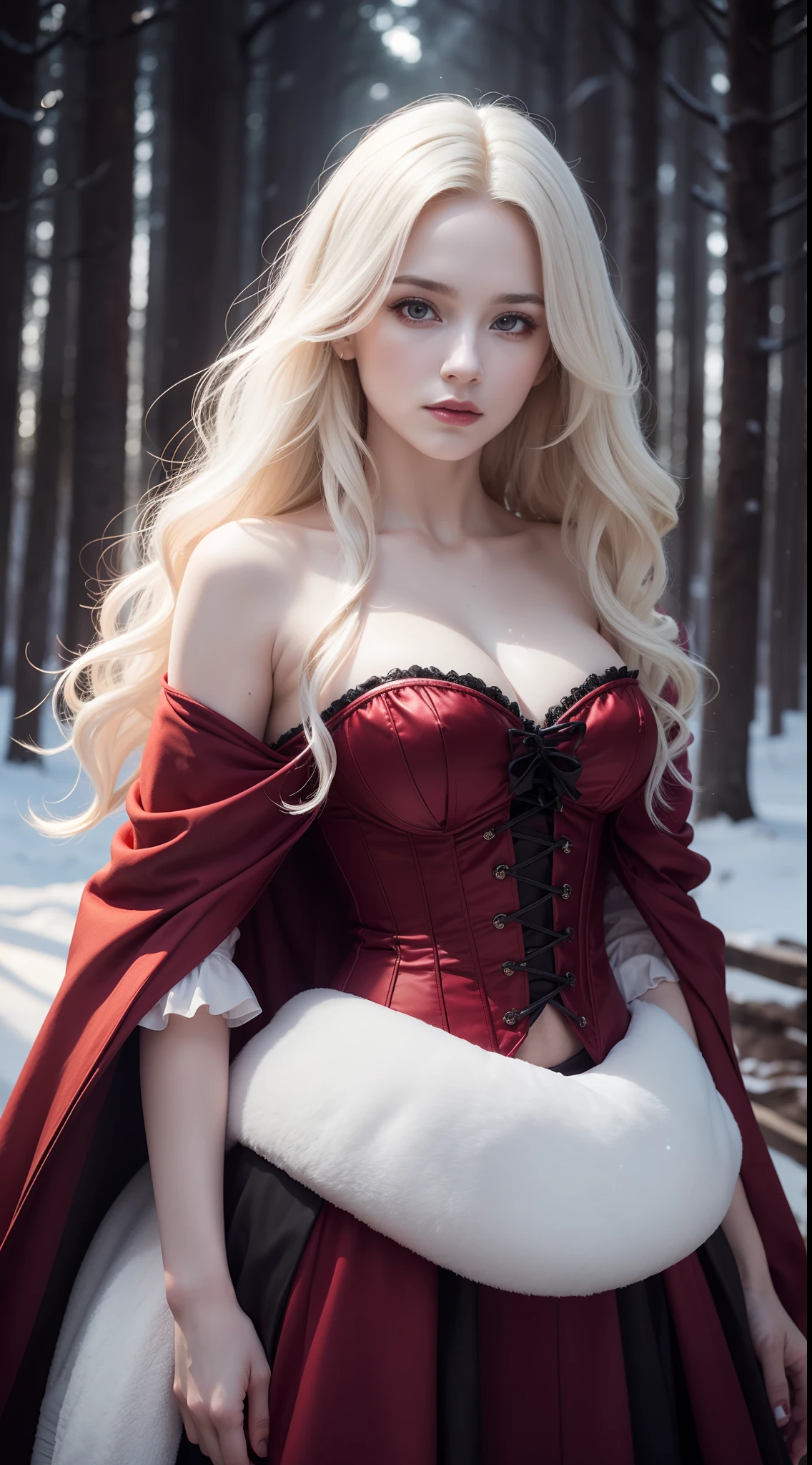 Photorealistic Production, One Person, Realistic Image of a Gorgeous 25 Years Old British Female, Shoulder-level Wavy White Hair, Serious Looking, Pale Skin, Snowy Forest at Night, (Wearing Black and Red Witch Robe with Corsets, along with Ornated Golden Accessories), Centered, Waist-up Shot, From Front Shot, Cinematic Shot and Lighting, Perfect Human Anatomy, Intricate Hand Details, Sharp Focus, Ultra Detailed, Taken with DSLR camera, Depth of Field, Incredibly Realistic Environment and Scene, Master Composition and Cinematography