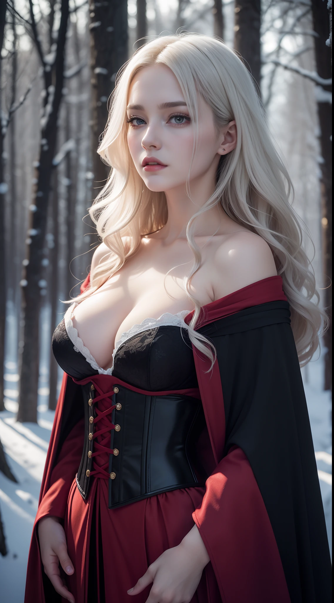 Photorealistic Production, One Person, Realistic Image of a Gorgeous 25 Years Old British Female, Shoulder-level Wavy White Hair, Serious Looking, Pale Skin, Snowy Forest at Night, (Wearing Black and Red Witch Robe with Corsets, along with Ornated Golden Accessories), Centered, Waist-up Shot, From Front Shot, Cinematic Shot and Lighting, Perfect Human Anatomy, Intricate Hand Details, Sharp Focus, Ultra Detailed, Taken with DSLR camera, Depth of Field, Incredibly Realistic Environment and Scene, Master Composition and Cinematography