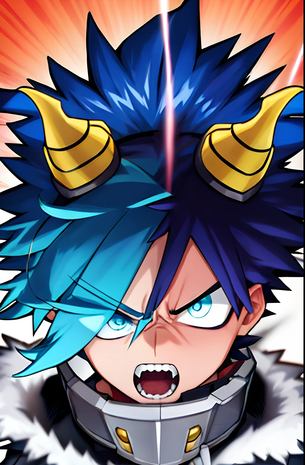 horikoshi kouhei,fundo desfocado, boku no hero academia, fotografia de close-up, jovem de cabelo azul curto com coque, usando jaqueta preta. expression of anger