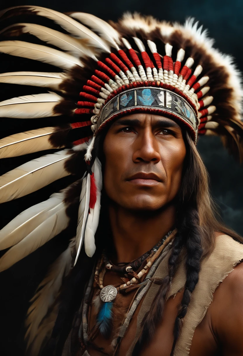 Hyperrealistic cinematic image of a native Indian with feathers on his head, horseback riding, Arte nativa americana, Indian warrior, Nativo americano, Guerreiro nativo americano, Arte nativa, Um guerreiro nativo americano, indigenous man, eagle feather, Guerreiro habilidoso do Apache, warrior spirit, american indian headdress, indigenous art, : native american shamen fantasy, Indigenous, native american folk art, Fotografia de arte indianarrealista, fotografia, obra-prima, realista, Realismo, renderizado, Alto contraste, digital art photographyrealistic trend in Artstation 8k HD high definition detailed realistic,  detalhado, textura da pele, hiper detalhado, textura de pele realista, armadura, melhor qualidade, ultra high-resolution, (fotografiarrealista: 1.4), alta resolução, detalhado, Calado bruto, sharp re, por lee jeffries Nikon D850 Filme Fotografia de Stock 4 Kodak Portra 400 Lente F1.6 Rich Colors Realistic Texture Dramatic Texture Dramatic Lighting Irrealengine Trend on Artstation Cinestill 800