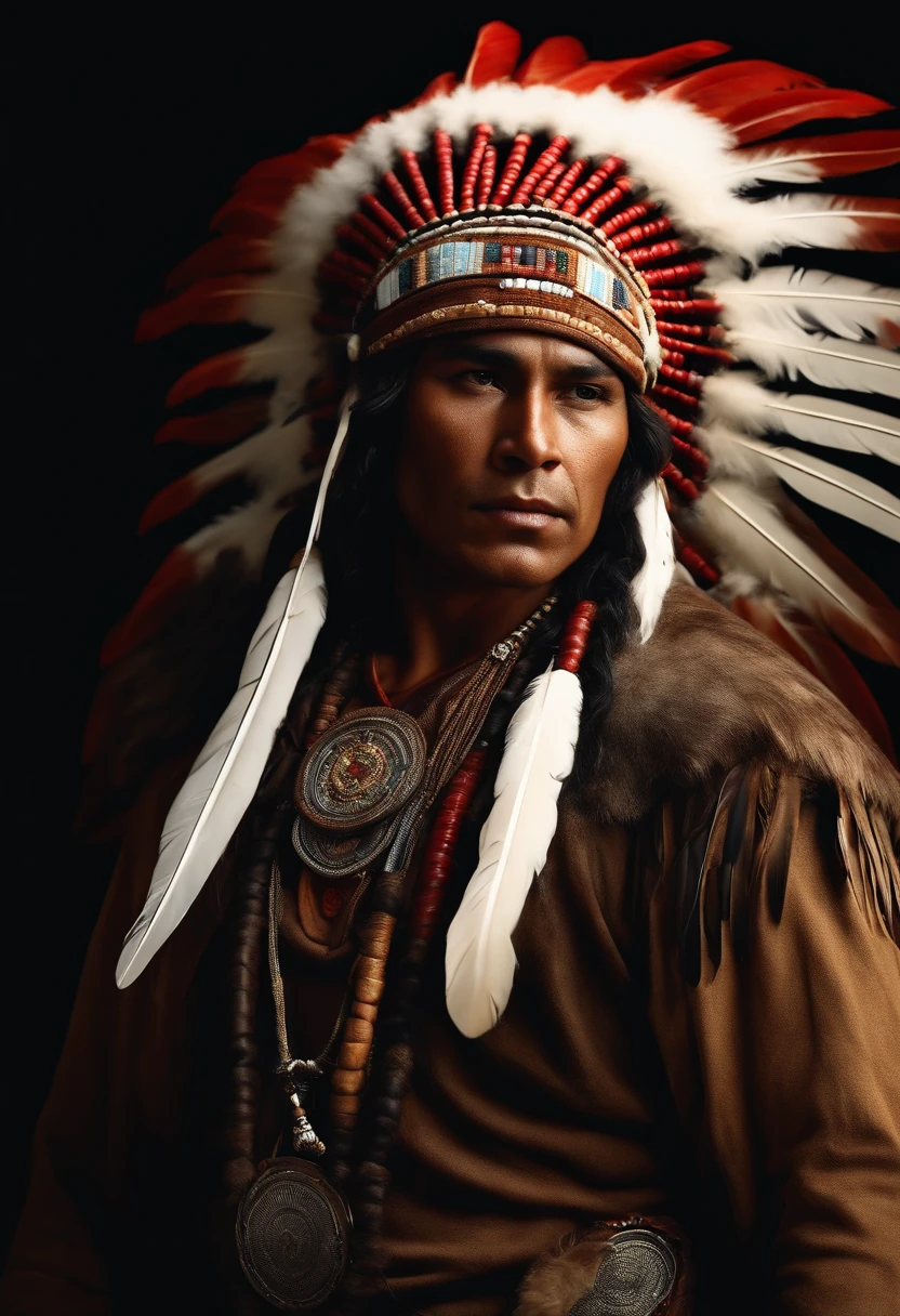 Hyperrealistic cinematic image of a native Indian with feathers on his head, horseback riding, Arte nativa americana, Indian warrior, Nativo americano, Guerreiro nativo americano, Arte nativa, Um guerreiro nativo americano, indigenous man, eagle feather, Guerreiro habilidoso do Apache, warrior spirit, american indian headdress, indigenous art, : native american shamen fantasy, Indigenous, native american folk art, Fotografia de arte indianarrealista, fotografia, obra-prima, realista, Realismo, renderizado, Alto contraste, digital art photographyrealistic trend in Artstation 8k HD high definition detailed realistic, detalhado, textura da pele, hiper detalhado, textura de pele realista, armadura, melhor qualidade, ultra high-resolution, (fotografiarrealista: 1.4), alta resolução, detalhado, Calado bruto, sharp re, por lee jeffries Nikon D850 Filme Fotografia de Stock 4 Kodak Portra 400 Lente F1.6 Rich Colors Realistic Texture Dramatic Texture Dramatic Lighting Irrealengine Trend on Artstation Cinestill 800