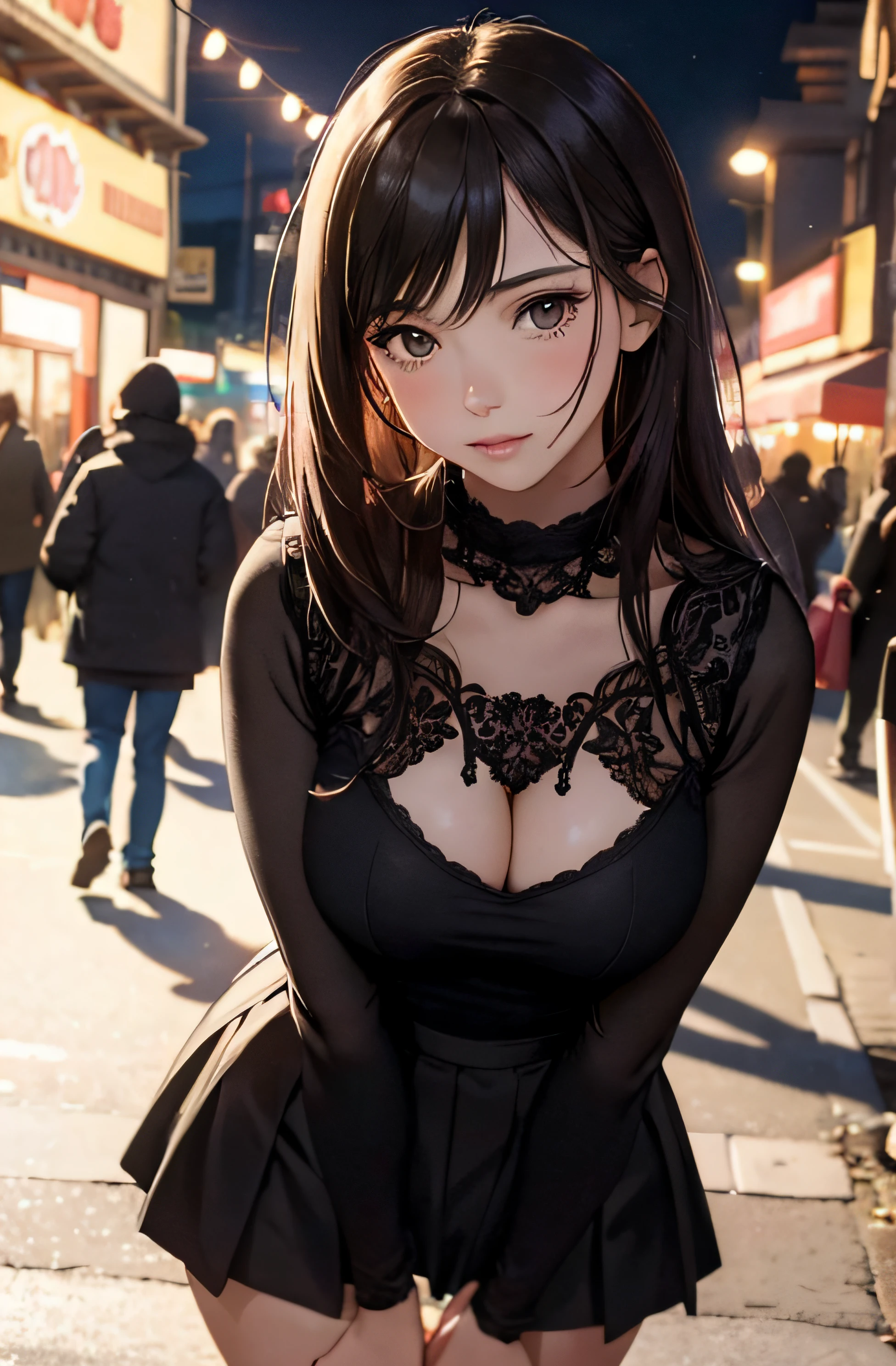 a girl in valentine's day waiting for her boyfriend showing her tits, sexy tight skirt, ((detailed )), festival landscape or cityscape, medium breasts, flirtatious, ((very detailed)), perfectly detailed face, detailed hand, photorealistic image.