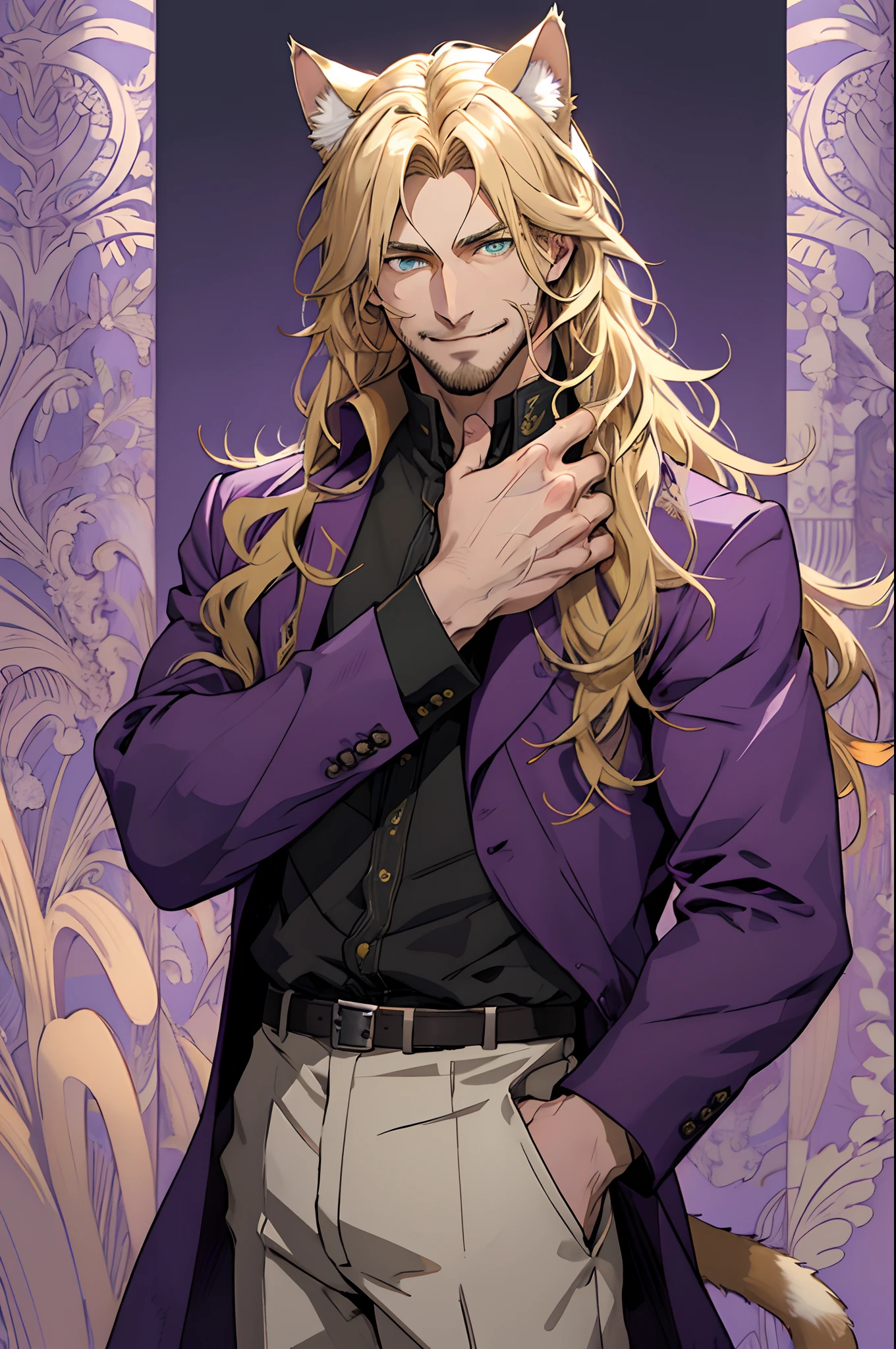 Purple coat, one male, cat ears, long hair, blond, blond hair, green eyes, tall, muscular, white shirt, beautiful face, highest quality, masterpiece, 2d, anime, perfect face, highest detail, feline eyes, stubble, cat tail, wavy hair, cowboy shot, detailed face, intricate details, smile, purple paisley background, human hands, five fingers