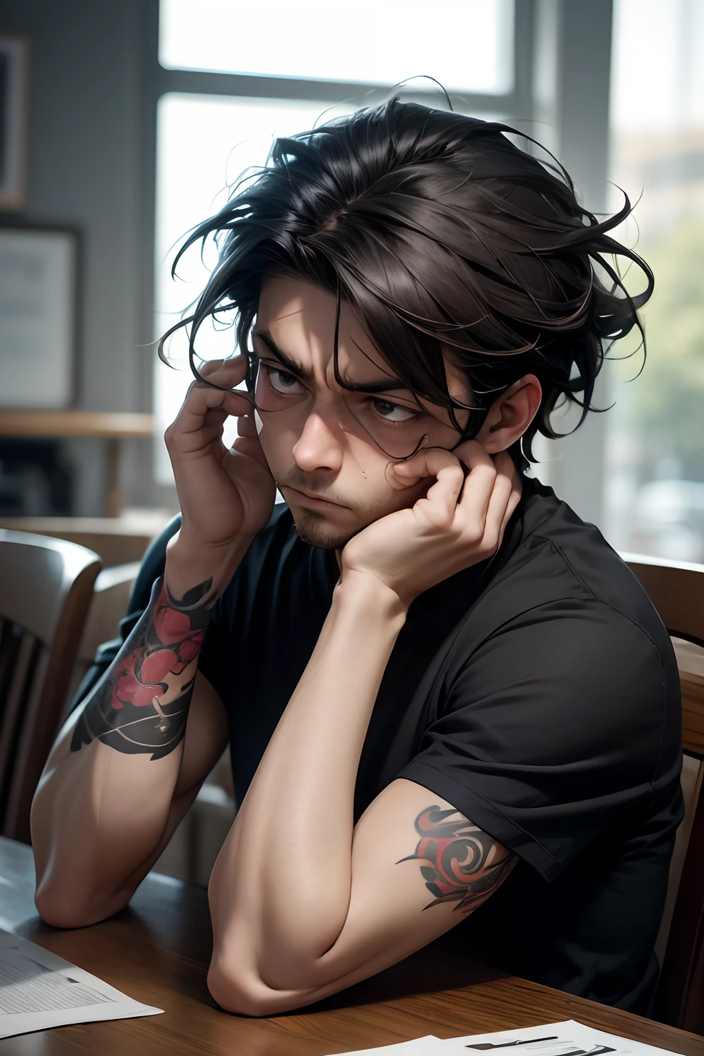 There is a man with a tattoo on his arm sitting at a table, short hair on top of his head, headpe, baixa, confused facial expression, parecendo confuso, Tomado com Sony Alpha 9, confuso, puzzled expression, cabelos oleosos, he has a devastated expression, tentando estudar, hands on face, Rosto frustrado, frustrated expression. --auto