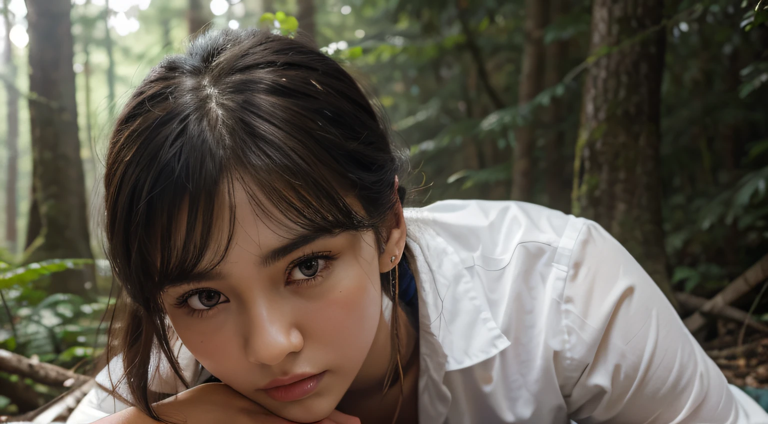 ８K、aesthetics、hi-school girl、glossy、a beauty girl、17 age、Being in the Blue Forest、deep-forest、Looking at the camera、ighly detailed、Hands in mind、White shirt、Black tie、Golden earrings、With bangs、Beautiful eyebrows、Quiet anger、BITCH、エロ、Skin sheer、a miniskirt