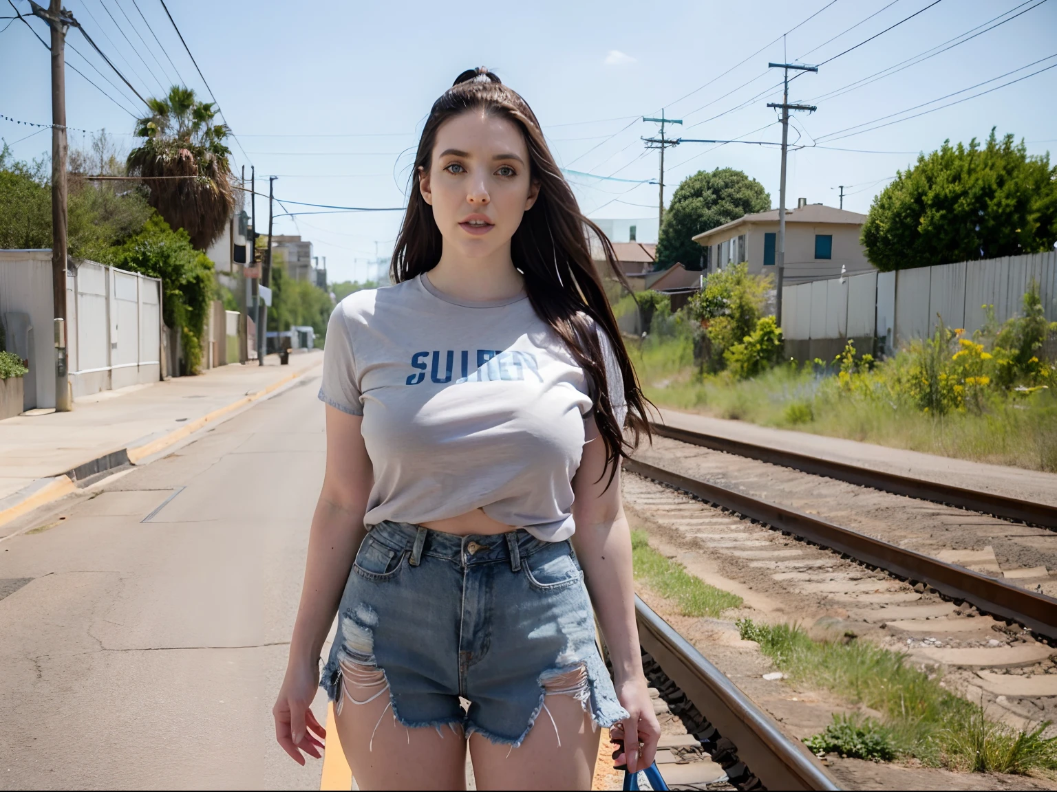 hyper-realistic photo of Angela White, 28, (gray cotton t-shirt, frayed denim shorts) (piercing, blue eyes) (silky, flowing hair) (skin texture), suburbia, powerlines, train tracks, Los Angels landscape, late summer colors , hot colored, analog quality, best shadow, film grain, raw, instagram lut (full body)