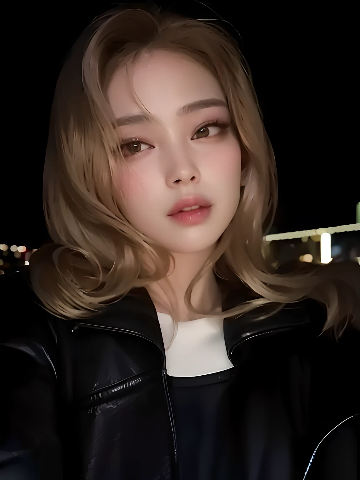 uma mulher com longos cabelos loiros vestindo uma jaqueta preta, menina coreana, 🤤 retrato da menina, south east asian with round face, Mulher sul-coreana bonita, Fotografia selfie 8k, com rosto redondo, young adorable korean face, linda mulher coreana jovem, Parque Roseanne do Blackpink, Retrato de Jossi de Blackpink, belo rosto redondo, inspirado em Yanjun Cheng, mulher coreana jovem bonita