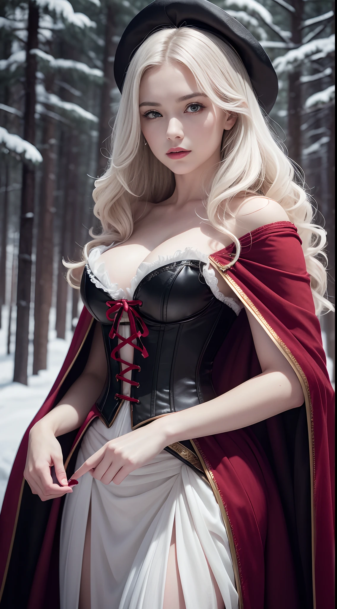 Photorealistic Production, One Person, Realistic Image of a Gorgeous 25 Years Old British Female, Shoulder-level Wavy White Hair, Serious Looking, Pale Skin, Snowy Forest at Night, (Wearing Black and Red Witch Robe with Corsets, along with Ornated Golden Accessories), Centered, Waist-up Shot, From Front Shot, Cinematic Shot and Lighting, Perfect Human Anatomy, Intricate Hand Details, Sharp Focus, Ultra Detailed, Taken with DSLR camera, Depth of Field, Incredibly Realistic Environment and Scene, Master Composition and Cinematography