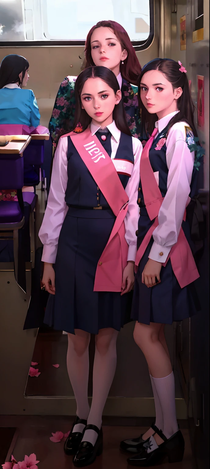 Group of girls in school uniform posing for photo, Wearing the Presidential Armband, Avant-garde designer uniforms, 2. smoking, Prizes, uncropped, in RR diner uniform, Wearing a pink floral tunic, beautiful girls, anastasia ovchinnikova, dasha taran, The Most Beautiful, Uncircumcised, jk uniform