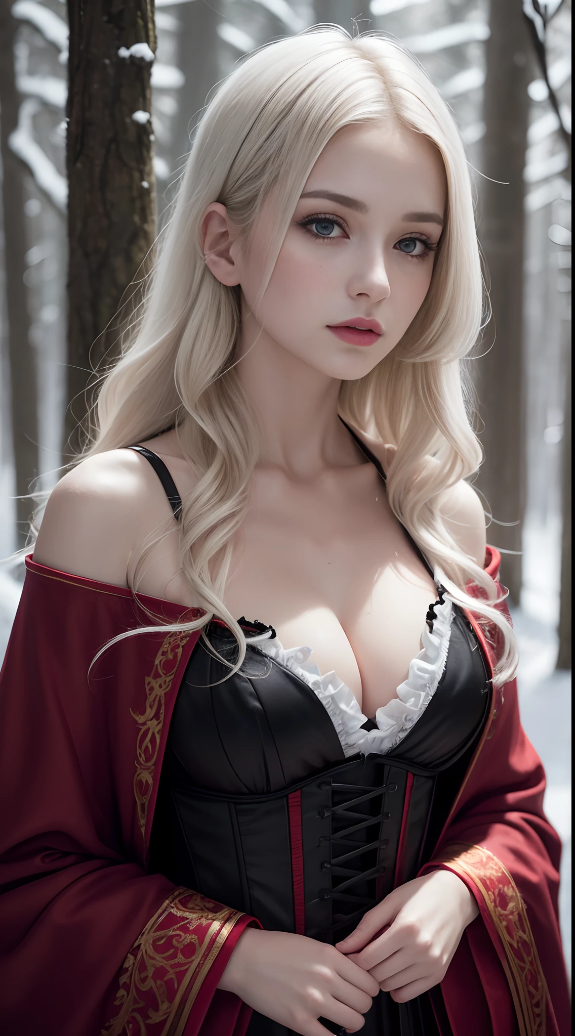 Photorealistic Production, One Person, Realistic Image of a Gorgeous 25 Years Old British Female, Shoulder-level Wavy White Hair, Serious Looking, Pale Skin, Snowy Forest at Night, (Wearing Black and Red Witch Robe with Corsets, along with Ornated Golden Accessories), Centered, Waist-up Shot, From Front Shot, Cinematic Shot and Lighting, Perfect Human Anatomy, Intricate Hand Details, Sharp Focus, Ultra Detailed, Taken with DSLR camera, Depth of Field, Incredibly Realistic Environment and Scene, Master Composition and Cinematography