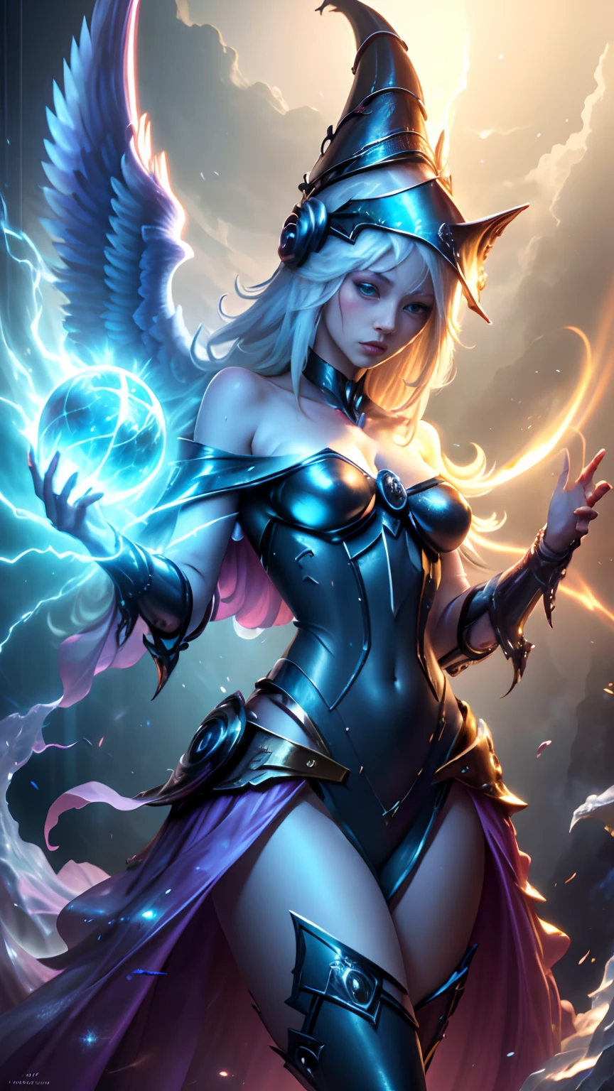 Kinematic,The photorealistic dark wizard gils as an albino angel,colores vibrantes,fantasy,warm hue,surrealista,Photorealistic masterpiece with 8k resolution by Aaron Horkey and Jeremy Mann,Professional Photography,Volumetric Lighting Maximalist Photoillustration by Marton Bobzert,Intricately detailed 8K resolution concept art,complejo,elegante,expansivo,fantastical,Mythical Clouds