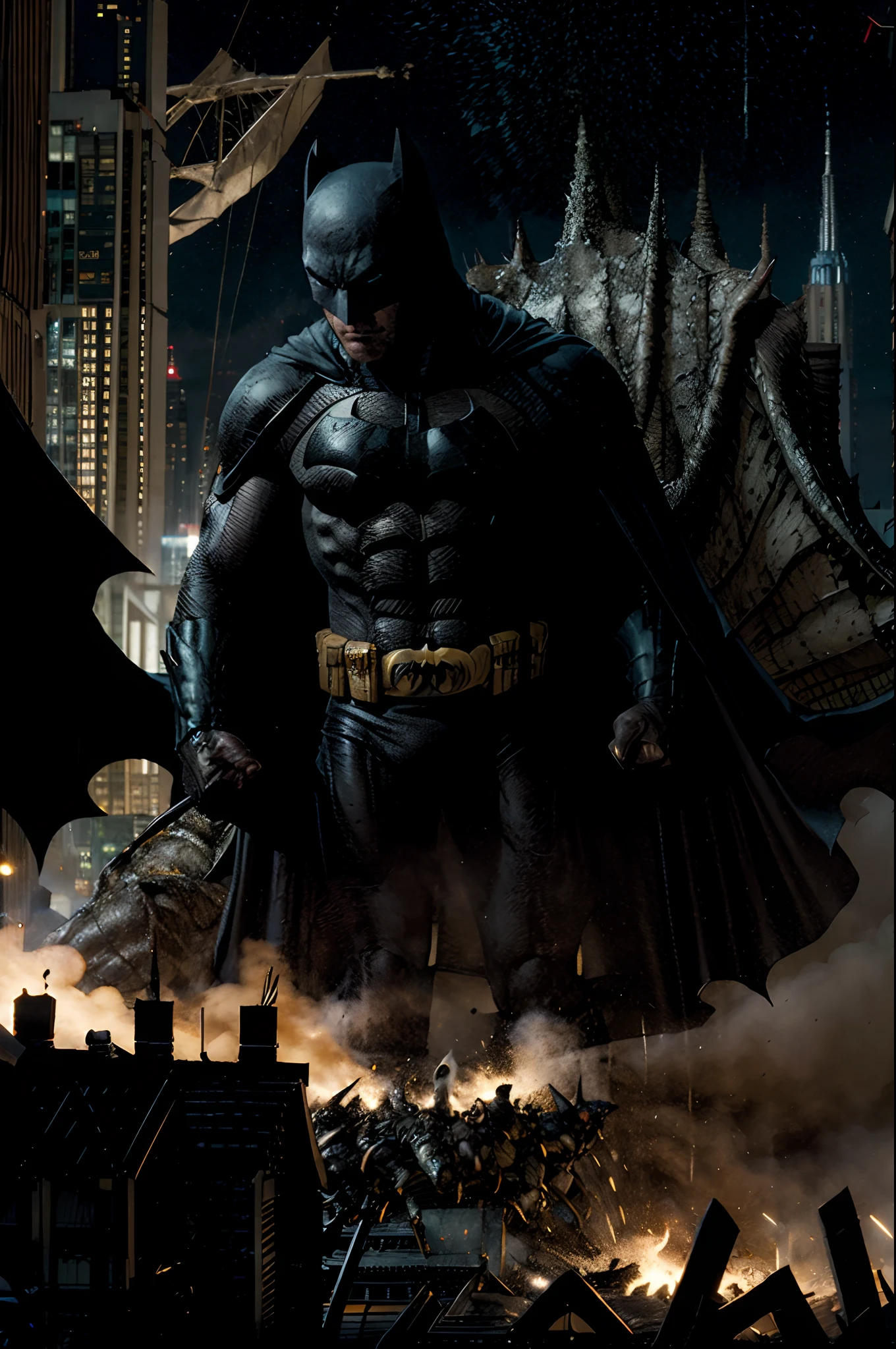 Batman enfrenta GODZILA em Gotham city, dc comics, explosoes nos predios e carros esmagados