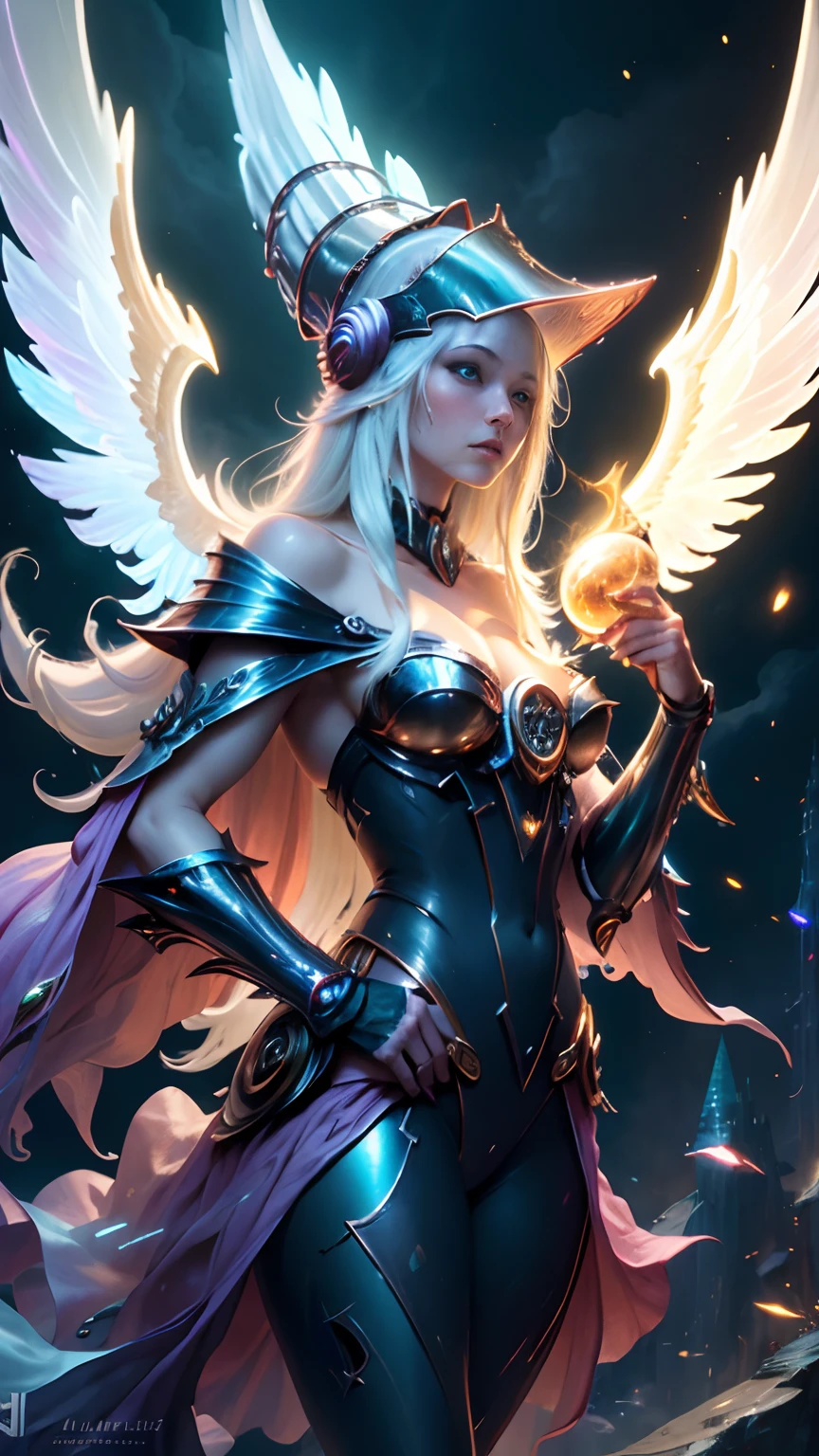 Kinematic,The photorealistic dark wizard gils as an albino angel,colores vibrantes,fantasy,warm hue,surrealista,Photorealistic masterpiece with 8k resolution by Aaron Horkey and Jeremy Mann,Professional Photography,Volumetric Lighting Maximalist Photoillustration by Marton Bobzert,Intricately detailed 8K resolution concept art,complejo,elegante,expansivo,fantastical,Mythical Clouds