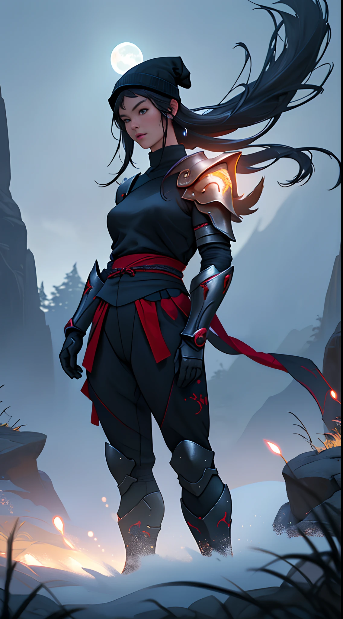 An imposing and serious Asian ninja girl with long legs and ancient ninja armor, wearing iron armor with red particles swirling in the air, Standing on a night plateau in a dark rural natural setting.
(best quality, 4k, 8k, alto, master part:1.2), ultra-detalhado, (Realistic, fotorrealista, photo-realistic:1.37), HDR, UHD, studio lighting, Tonalidade ultrafina, foco nítido, Physically-based rendering, extreme detail description, profissional, vivid colors, Bokeh.
Artistic style: retrato, realista.
Paleta de cores: Azuis e roxos profundos com toques de vermelho e preto.
The lighting: ofuscar, With the moonlight casting an ethereal glow over the ninja girl and her surroundings.