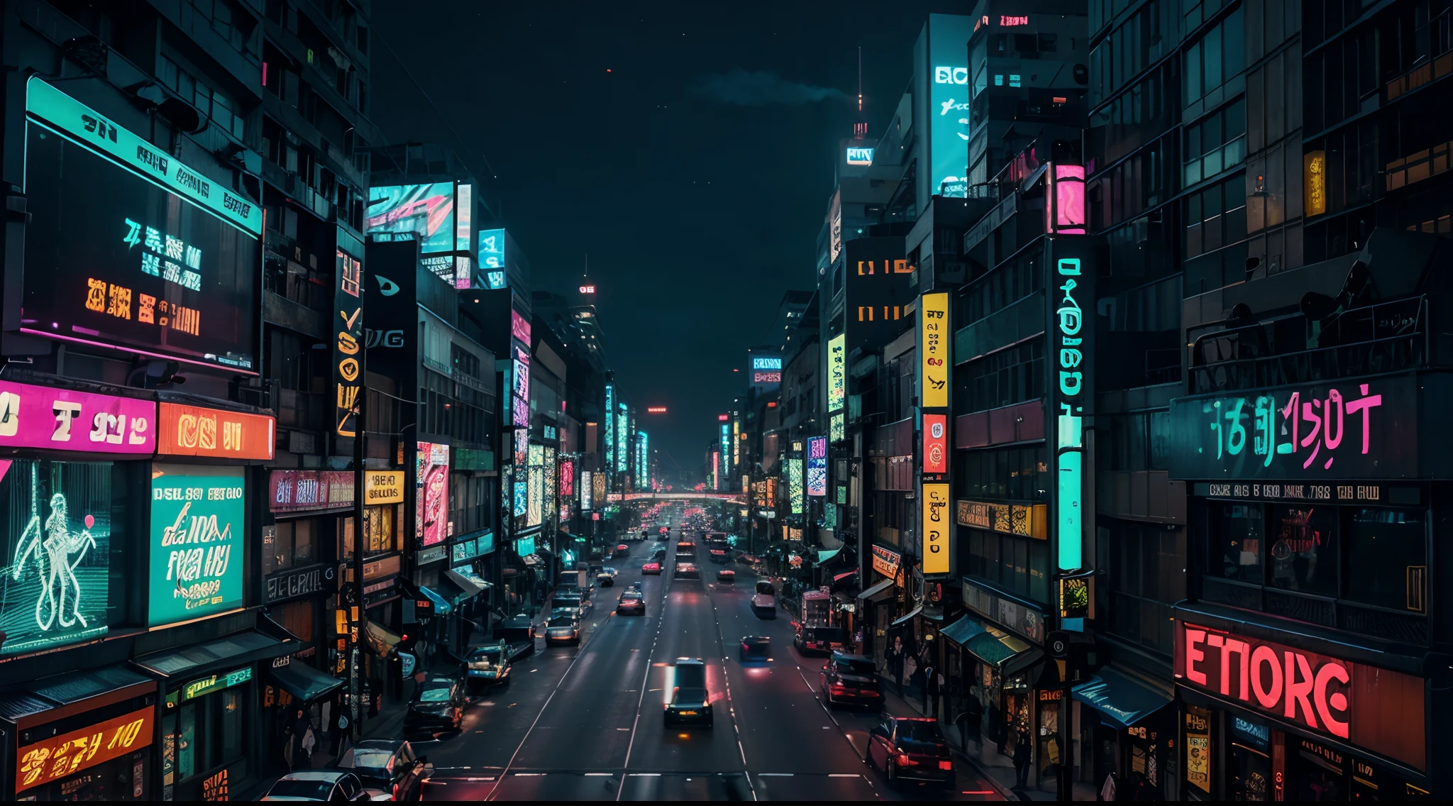 Neon Jungle: The city pulses with life, a cacophony of neon lights and holographic billboards that tower above the streets like skyscraping trees in a digital jungle. Every corner is a thicket of data cables and glowing signs, casting a neon glow on the bustling streets below.