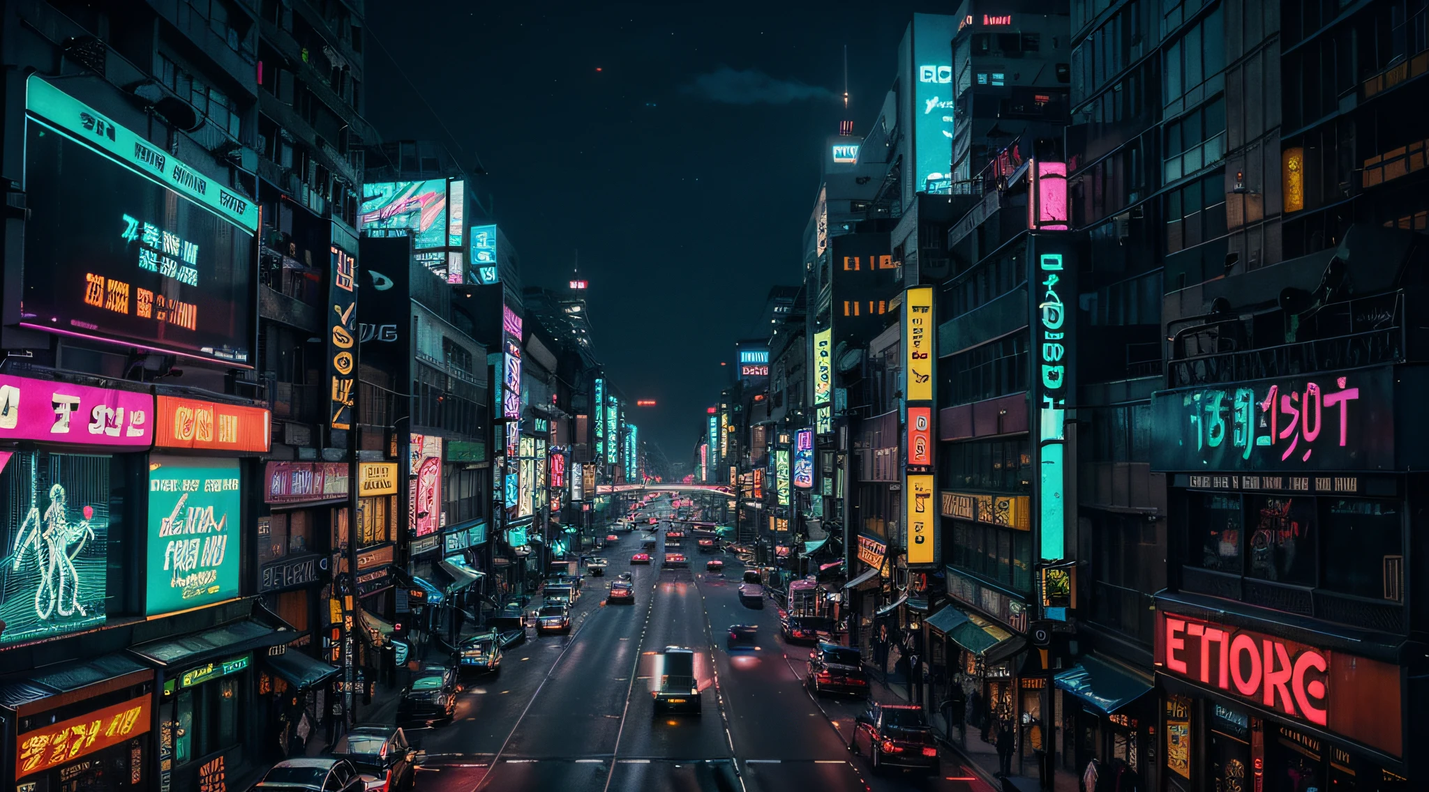 Neon Jungle: The city pulses with life, a cacophony of neon lights and holographic billboards that tower above the streets like skyscraping trees in a digital jungle. Every corner is a thicket of data cables and glowing signs, casting a neon glow on the bustling streets below.