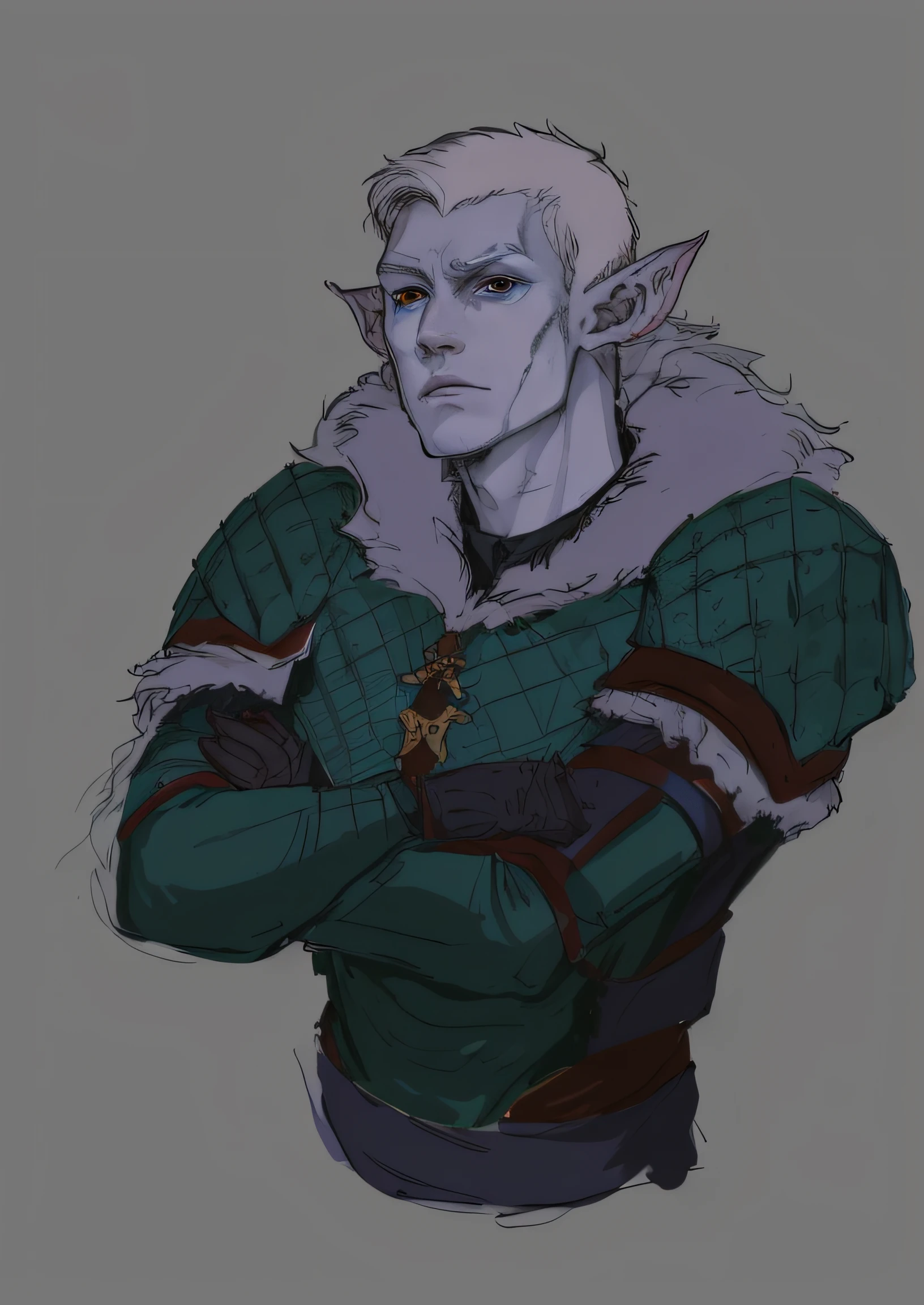 Close-up of a man in scaled armor, Pale-skinned Undead Elf, a male elf, Pale-skinned male elf, bat ears, empty eye sockets, faint smile, a portrait of a male elf, as a dnd character, DND Character, Portrait of the DND character, Portrait of the character DND in waist-high, DnD Character Concept, a middle aged elf, Wearing a fur robe, Portrait of DND