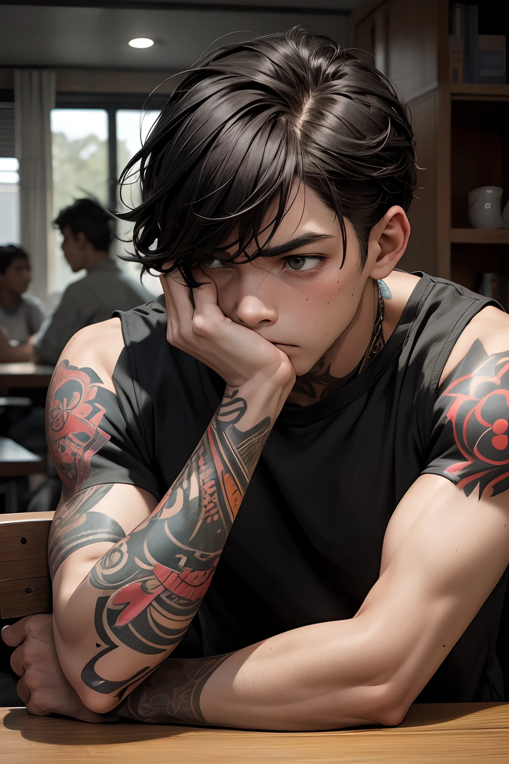 There is a man with a tattoo on his arm sitting at a table, short hair on top of his head, headpe, baixa, confused facial expression, parecendo confuso, Tomado com Sony Alpha 9, confuso, puzzled expression, cabelos oleosos, he has a devastated expression, tentando estudar, hands on face, Rosto frustrado, frustrated expression because of your procrastination --auto