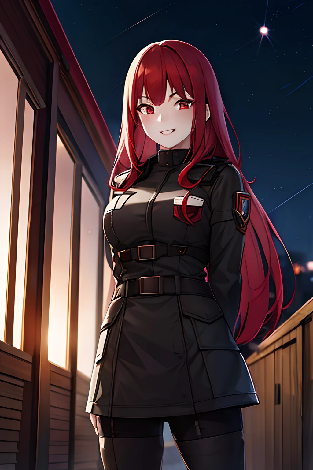 A girl with red hair, Lolita hairstyle, freckles on her face, pale skin, smiling, in a stormy city, wearing soldier's clothing, with a moon in the background, high-quality 4K image.