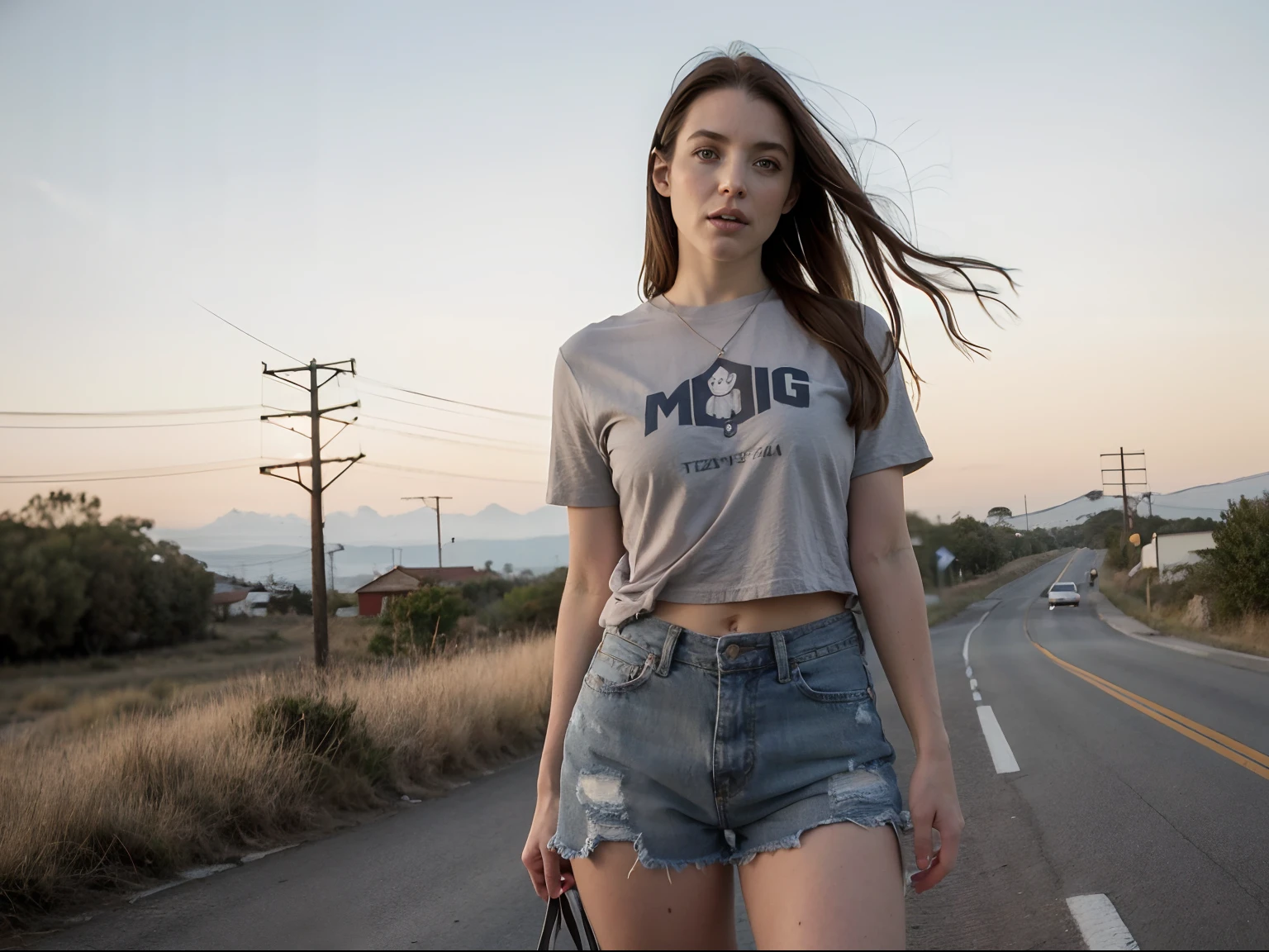 foto hiper-realista de Angela White, 28, (Grey cotton t-shirt, shorts jeans desgastados) (penetrante, olhos azuis) (sedoso, flowing hair) (textura da pele), suburb, transmission lines, trilhos, Paisagem de Los Angels, Late summer colors , cor quente, Analog Quality, Melhor sombra, filmic grain, .RAW, LUT do instagram (corpo inteiro)