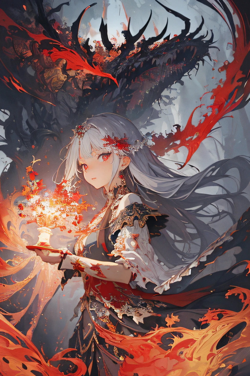 (Masterpiece, Absurd Quality, Top Quality, Official Art, Beautiful and Aesthetic: 1.2), (One Woman: 1.4), Highly Detailed, (Fractal Art: 1.3), Colorful, Best Detailed, Woman Magic Sword , action painting style, dark gray and red, Andrzej Schikt, anime, dark and chaotic, hyper-detailed illustrations, wandering eyes