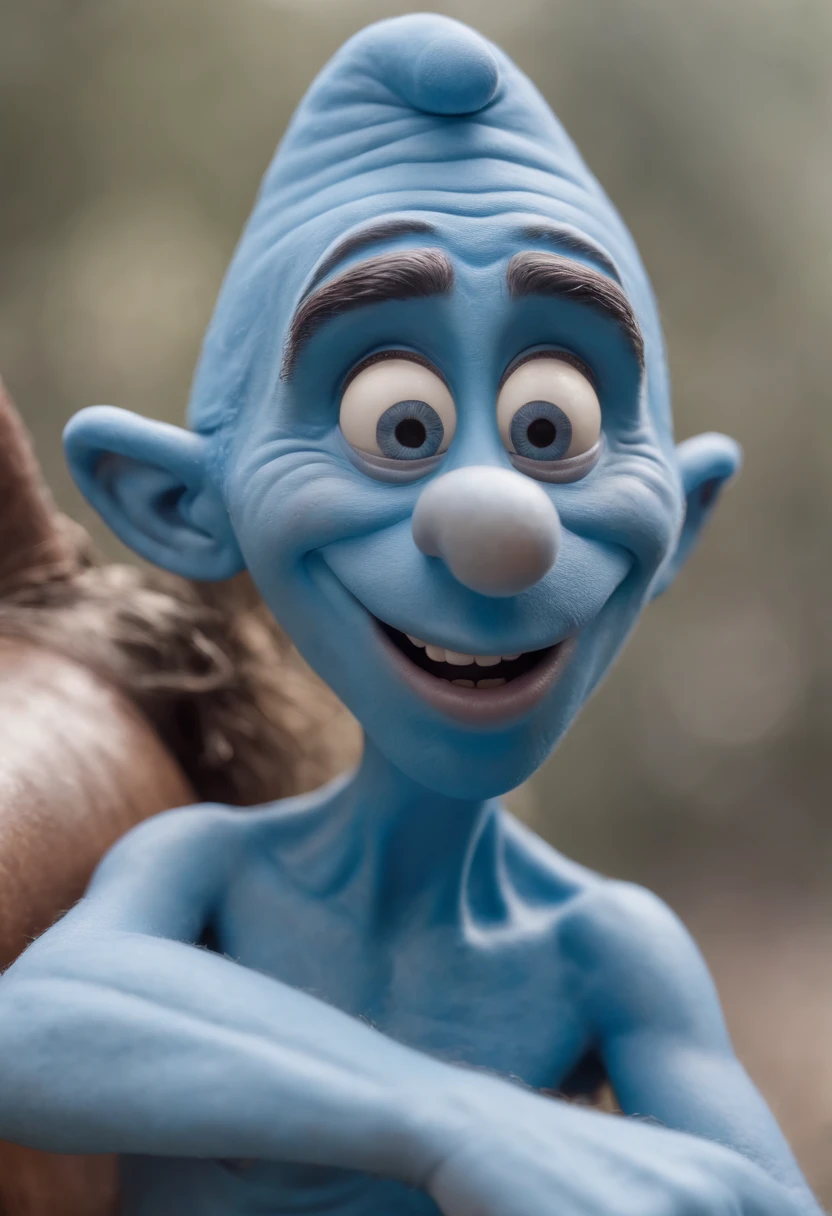 Foto de close-up de um rapaz alegre, rosto pintado estilo smurf, olhando da esquerda para direita, without a hat, careca