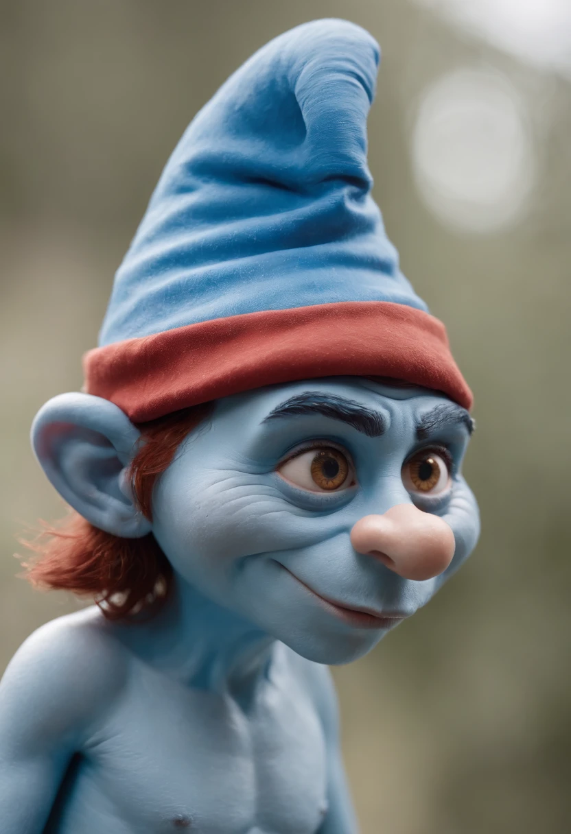 Foto de close-up de um rapaz, rosto pintado estilo smurf, olhando da esquerda para direita, without hat, careca, boca pequena