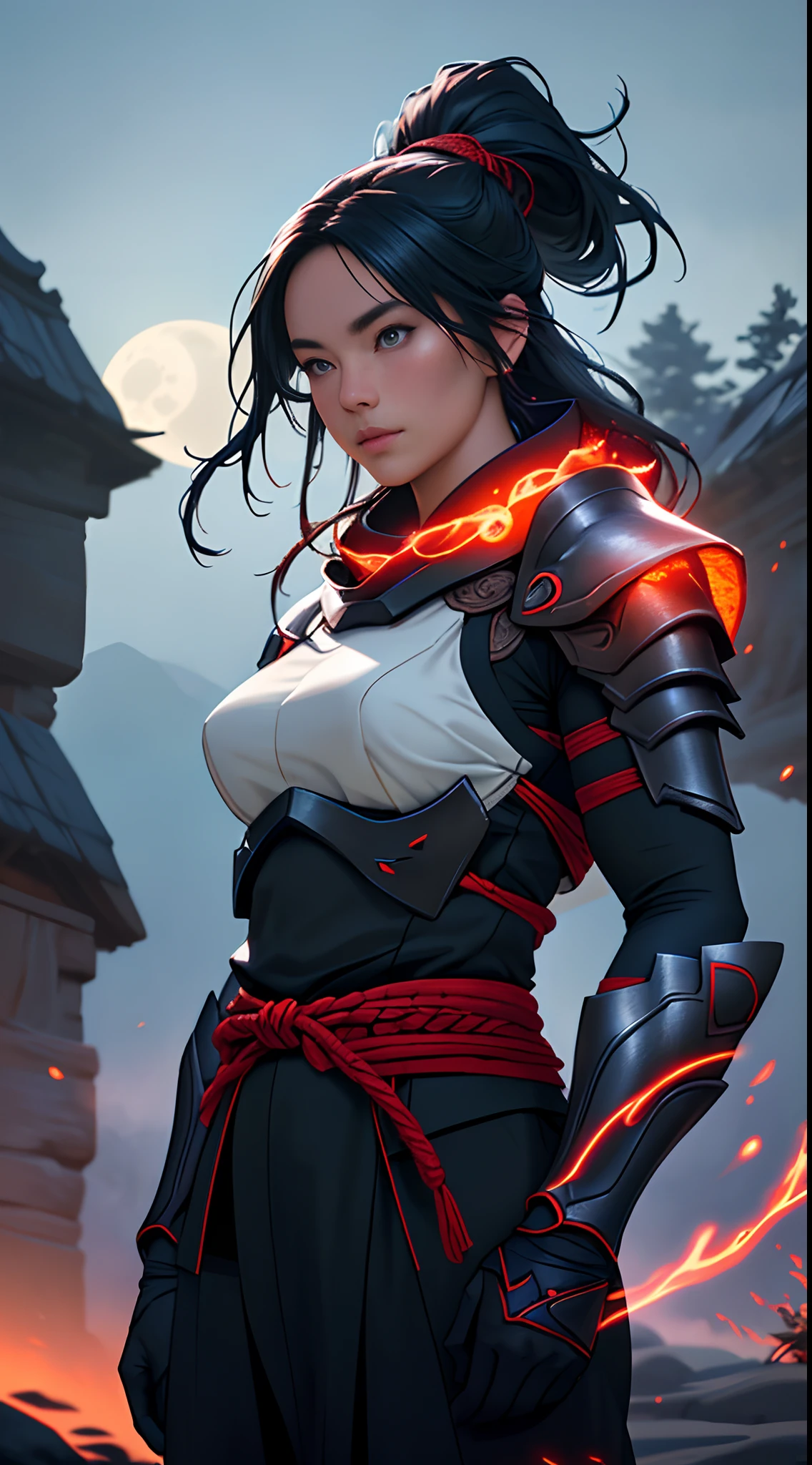 An imposing and serious Asian ninja girl with long legs and ancient ninja armor, wearing iron armor with red particles swirling in the air, Standing on a night plateau in a dark rural natural setting. 

(best quality, 4k, 8k, alto, master part:1.2), ultra-detalhado, (Realistic, fotorrealista, photo-realistic:1.37), HDR, UHD, studio lighting, Tonalidade ultrafina, foco nítido, Physically-based rendering, extreme detail description, profissional, vivid colors, Bokeh.

Artistic style: retrato, realista.

Paleta de cores: Azuis e roxos profundos com toques de vermelho e preto.

The lighting: ofuscar, With the moonlight casting an ethereal glow over the ninja girl and her surroundings.