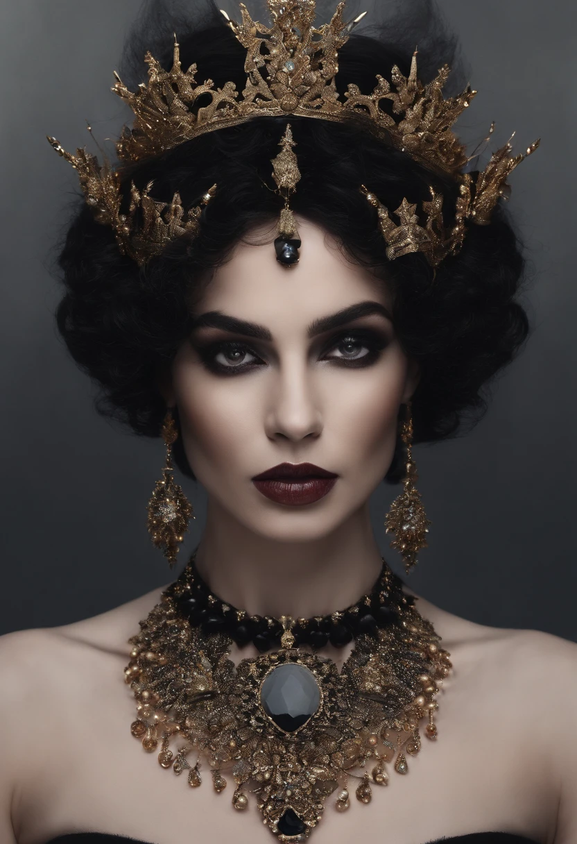 ((Anafabula (SCP-2747)), uma mulher branca sem rosto, Black prickly hair with a black crown and a necklace with a pentagon, ((Universo SCP)), ((Foto preta e branca))
