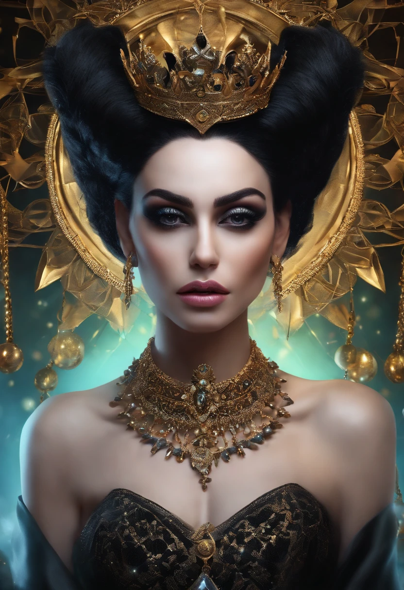 ((Anafabula (SCP-2747)), uma mulher branca sem rosto, Black prickly hair with a black crown and a necklace with a pentagon, ((Universo SCP)), ((Foto preta e branca))
