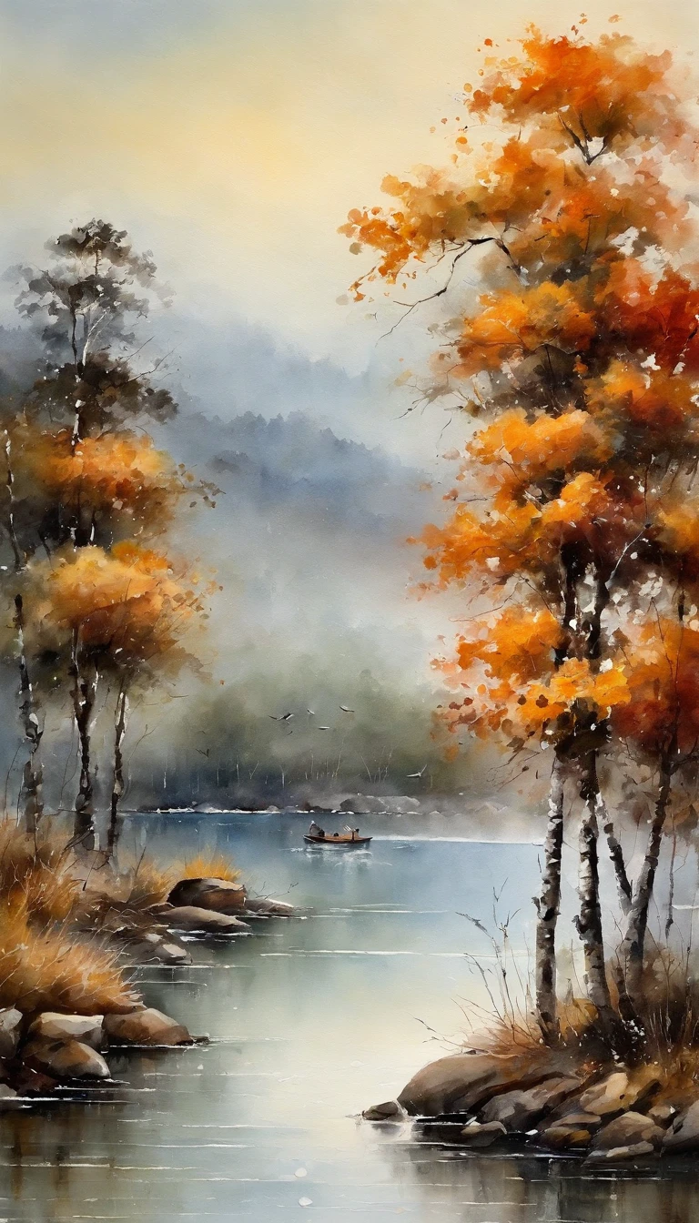 Pintura de paisagem chinesa,pintura a tinta e aquarela,water ink,tinta,Mancha,Vista distante,Ultra-wide viewing angle,meticuloso,Vistas do barco de pesca,meticuloso,Mancha,low saturation,baixo contraste,Pescando sozinho na neve fria do rio,paisagem de neve,lindamente retratado,um detalhado,acurate,Obras de mestres,tmasterpiece