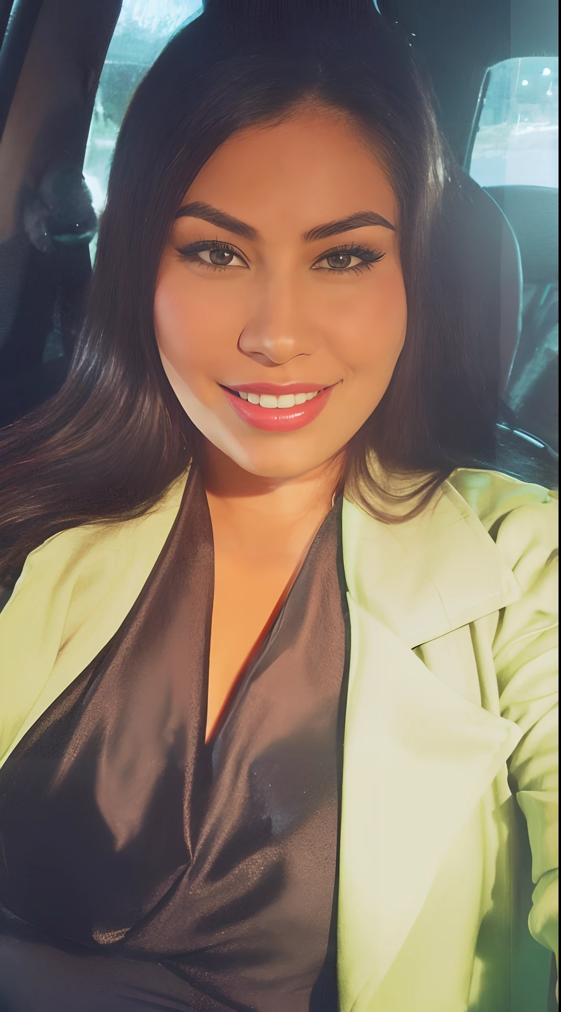 There's a woman sitting in a car smiling at the camera, Lorena Avarez, imagem de perfil, portait de Haifa Wehbe, Alanis Guillen, selena quintanilla perez, Karla Ortiz, Parece Laura Barriales, foto do perfil, Mulher de 30 anos, 3 0 anos de idade mulher, Ayahausca, Mulher mexicana bonita