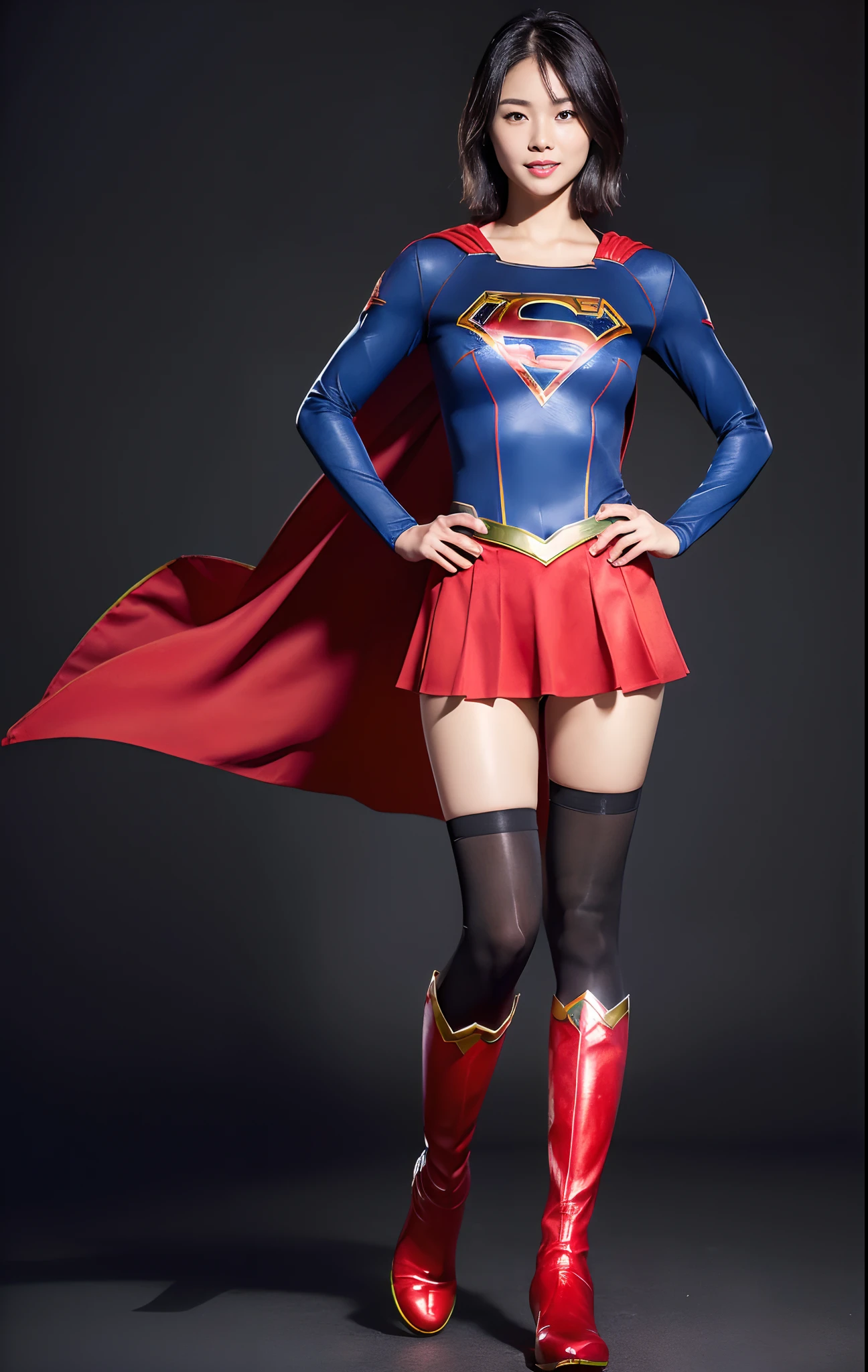 (Photorealistic:1.37), Realistic, Highest Quality, masutepiece, 超A high resolution, fine-textured, 8K, Raw photo, Hyper Detailed, BREAK, Solo, (Dynamic Poses),  She wears a Supergirl costume dress, Full costume dress with S mark on the chest, Red short skirt, Long Red Cloak, Dignified and beautiful face, Light brown short hair, Beautiful body like a supple athlete, Large breasts, Big hips, Very glittery oily skin, In Metropolis, BREAK, Highly detailed beautiful eyes and face, Detailed fabric texture, Insanely detailed realistic beautiful skin texture, (Correct body balance), Top-quality lighting that doesn't darken your face when backlit