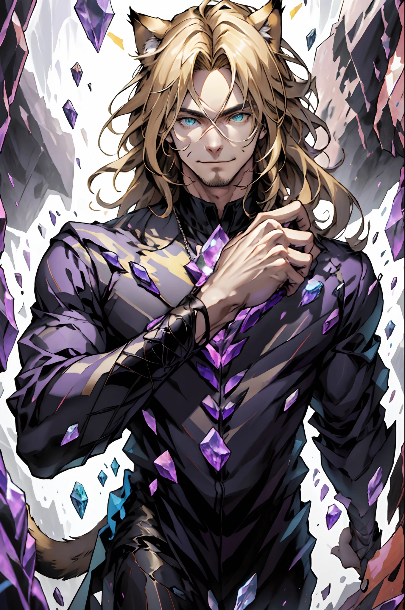 Purple coat, one male, cat ears, long hair, blond, blond hair, green eyes, tall, muscular, white shirt, beautiful face, highest quality, masterpiece, 2d, anime, perfect face, highest detail, feline eyes, stubble, cat tail, wavy hair, purple crystals, smile, battle pose, crystal sword in hand, running, five fingers, y2k style, human hands, bust shot, detailed face,