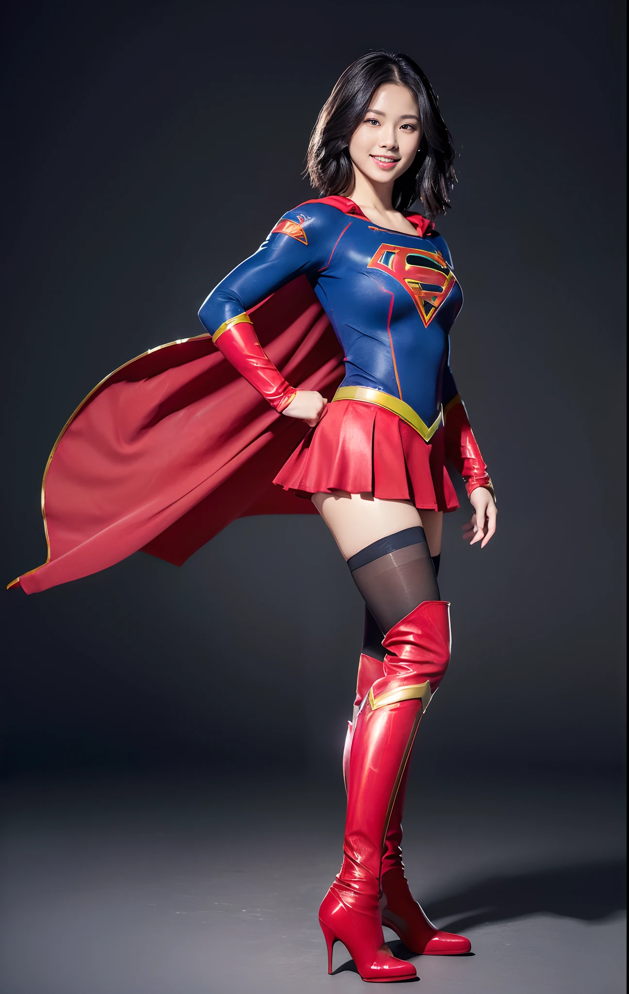 Asian Beautiful Girl、(((Wear black tights on your beautiful legs.)))、(((beauty legs)))、(((facial expression of smile)))、((((Make the most of the original image)))、(((Supergirl Costume)))、(((a short bob、beautiful hairl)))、(((Suffering)))、(((Feet must necessarily be worn with black tights)))、(((You need to wear red boots)))、((Top image quality、8K))、((top-quality、8K、​masterpiece:1.3))、(((Keep your background simple)))、Crisp focus:1.2、Beautiful woman with perfect body shape:1.4、Slender Abs:1.2、a wet body:1.5、Highly detailed facial and skin texture、8K、beauty legs