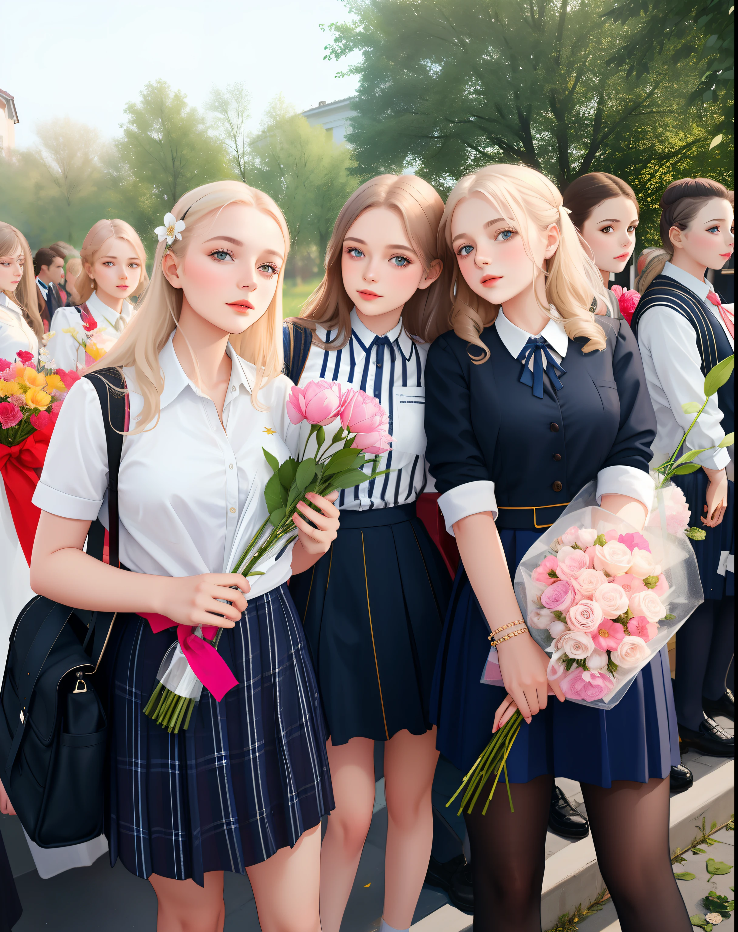 Three girls in school uniform holding flowers and posing for photo, dasha taran, beautiful girls, yelena belova, by Zofia Stryjenska, 15081959 21121991 01012000 4k, by Maksimilijan Vanka