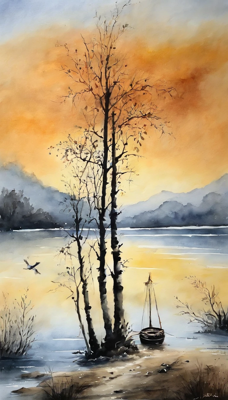 Pintura de paisagem chinesa,pintura a tinta e aquarela,water ink,tinta,Mancha,Vista distante,Ultra-wide viewing angle,meticuloso,Vistas do barco de pesca,meticuloso,Mancha,low saturation,baixo contraste,Pescando sozinho na neve fria do rio,paisagem de neve,lindamente retratado,um detalhado,acurate,Obras de mestres,tmasterpiece