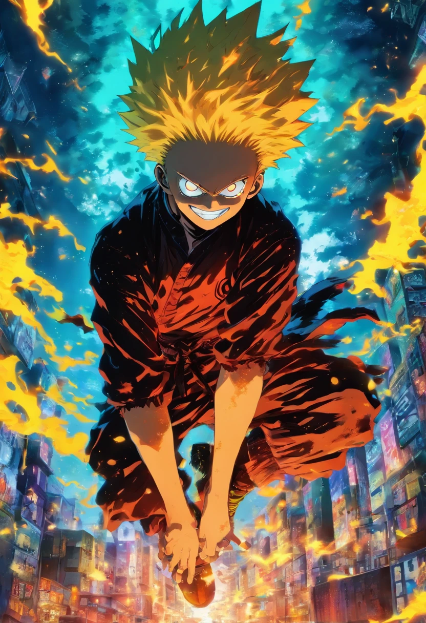 Estilo jujutsu kaisen, garoto de cabelo loiro , Sadistic smile looking up at the sky, camiseta preta , with yellow color ball power in right hand