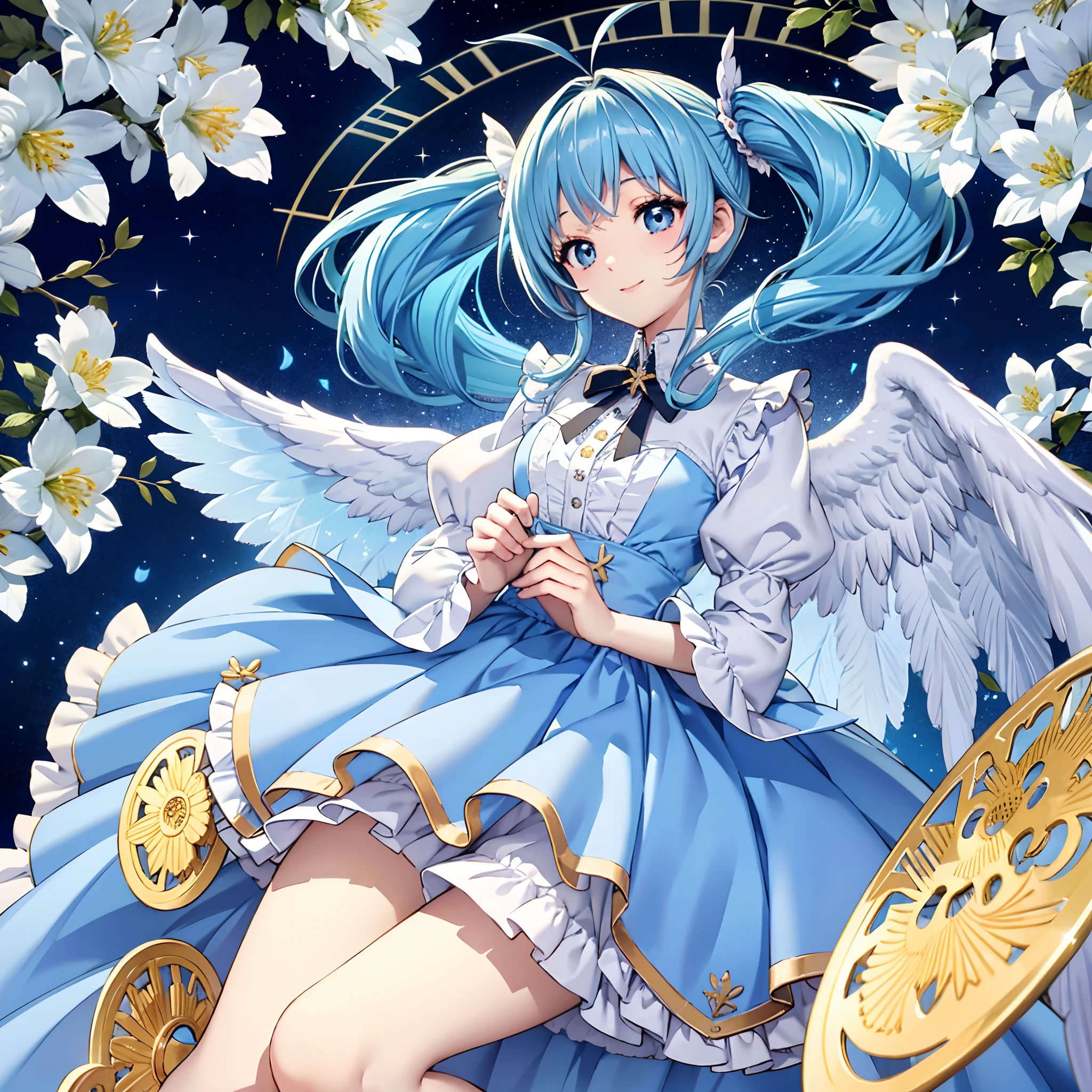 Angel wings shining in seven colors、1 Kawaii Girl、adorable smiling、Twin tails with long light blue hair、Colorful angel costume in ta style with ruffles、A blizzard of fluttering flowers(Some photos)、((top-quality))、((masterpiece))、(ighly detailed、highestdetailed、Official art、Beautifully Aesthetic:1.2)