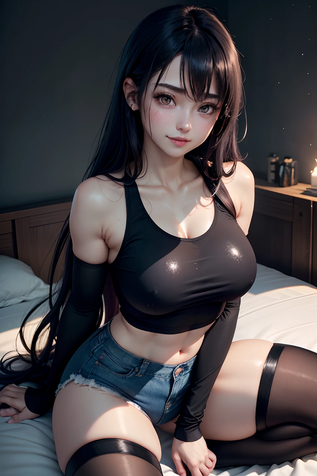 Jersey material is cotton、A slight smil、Transcendent beauty、Dark Gothic Makeup、Sweat glitters on my face、Sweat glitters on my thighs、The whole body is shiny with sweat.、Long hair straight hair、Purple hair、Transcendent cute face、Sit up、a bed、sprawl、Dark black knee-high socks、Dark Black Thigh Socks、Dark blush、masutepiece、8K、dark black eye shadow、24 year old、wretched、Sticky shiny thighs、Sweat a lot all over your body、chies、Too large tops、Sweat shining generously on the thighs、A smile、Smile、Underwear black、Transcendent Denim Short、Denim length super short、Mini Hot Pants、Tight denim、Slender system、Stained glass background、boredom、Sad face、Sweat glitters on my face、Stop Close-up、Wearing a black bra、Slender figure、Bust size is C cup、.3D、Wear the Adidas jersey、Intoxication、closing eye、Panting look、Bring your hand to your crotch、open your legs a little、