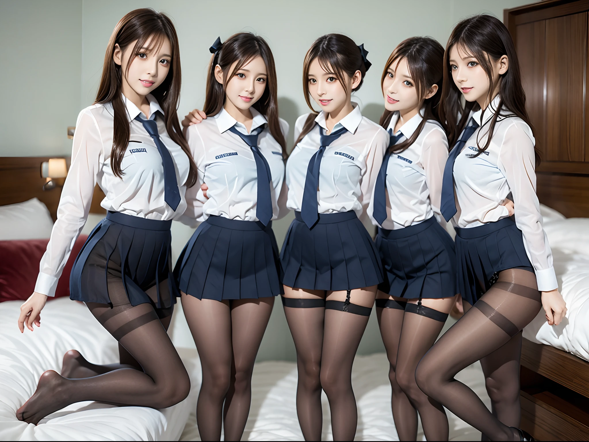 (High school girls inside royal bed room:1.4), looking at viewer, (weeping:1.4), (lying on the bed:1.4), open mouth, silky skins, natural makeup, glossy lips,  group shot, (show tits:1.3), (private high school uniform:1.5), ( :0.8), (3 girls:1.3), perfect style, ((attractive feminine body)), show bra, (show panties), (raw photo:1.4),(( plaid skirt, pleated skirt, legs wide open, seductive lingerie:1.4, cuffs, ribbons, necklaces, collars)), (gentle light, 8k, raw photo, shot by Canon EOS),night time