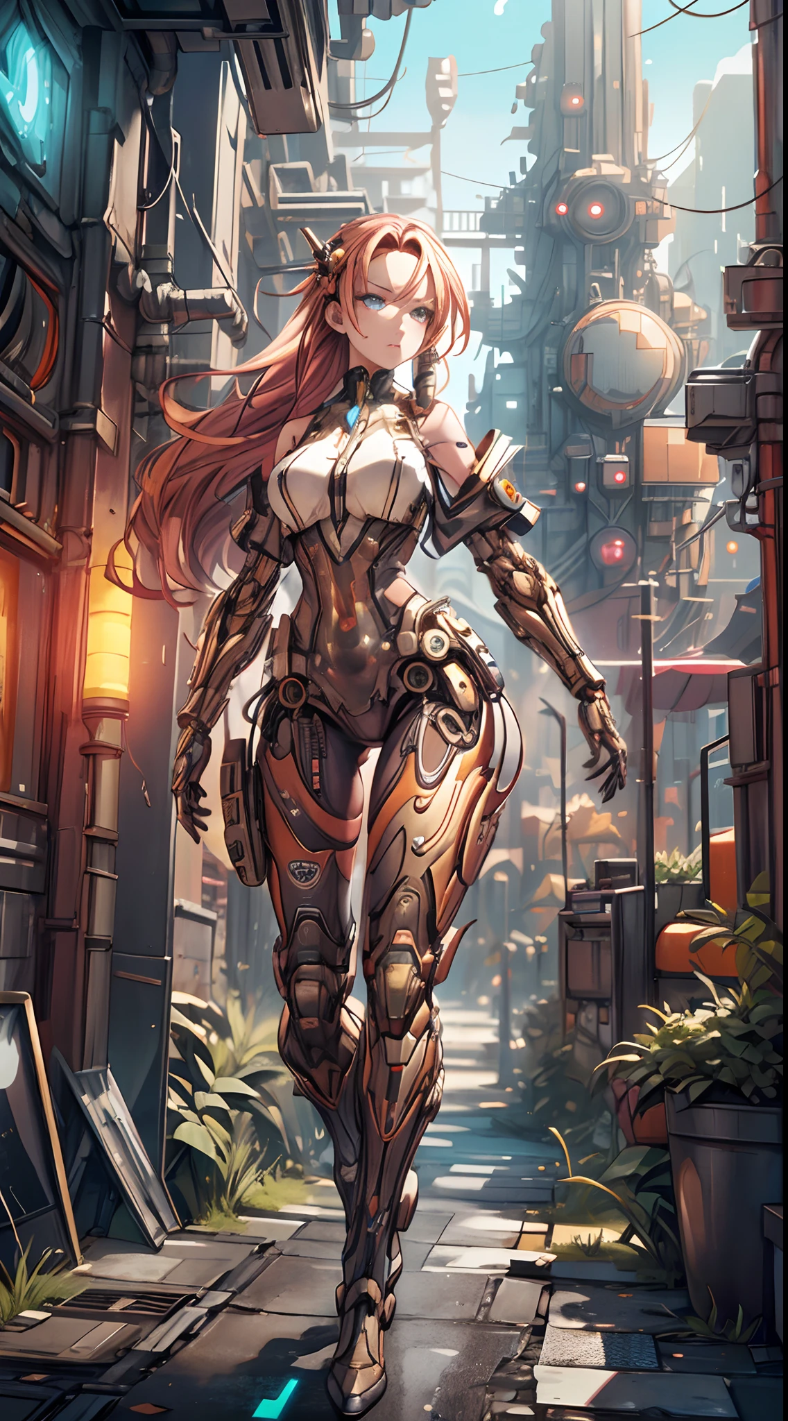 (Best quality, high resolution, Masterpiece:1.2), Detailed cyborg girl, Mechanical elements, futuristic environment, glowing neon lights, metalictexture, Complex circuit patterns, Cyberpunk Style, Vibrant colors, Dynamic pose, Strong gaze, Advanced technology, holographic interface, view over city, Digital effects, Smooth and glossy finish, Sharp focus, scifi concept art, cybernetic enhancements, Energy surges, dystopian atmosphere, Strong presence, 3D rendering of, professional digital painting, Clean lines, Flawless design, Cutting-edge robots, cybernetic implants, Riveting details, action-packed scene, Atmospheric lighting, industrial aesthetic, mystical aura, high-tech weaponry, immersive experience, Strong expression, Dramatic shadows, futuristic fashion, Dystopian society, premium cybernetics.