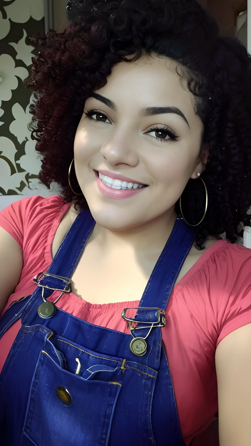 Smiling woman with curly hair wearing blue jumpsuit and red shirt, inspirado em Maria Helena Vieira da Silva, Parece Fabiula Nascimento, inspirado em Olivia Peguero, Justina Blakeney, wearing blue jean overalls, inspirado em Araceli Gilbert, com afro, wearing overalls, inspired by Almada Negreiros