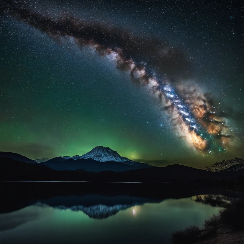 Master Parts、qualidade superior、Qualidade de imagem superior、A qualidade 8k、Beautiful photos of the starry sky、magnifica、Arched Milky Way:1.9、Himalaia、Lago azul brilhante:1.9
