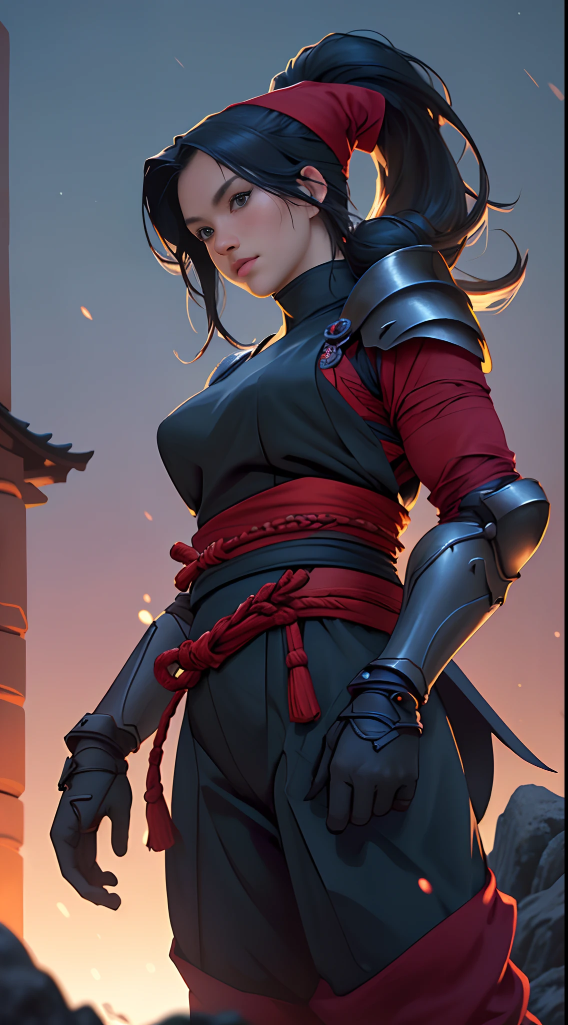 An imposing and serious Asian ninja girl with long legs and ancient ninja armor, wearing iron armor with red particles swirling in the air, Standing on a night plateau in a dark rural natural setting.
(best quality, 4k, 8k, alto, master part:1.2), ultra-detalhado, (Realistic, fotorrealista, photo-realistic:1.37), HDR, UHD, studio lighting, Tonalidade ultrafina, foco nítido, Physically-based rendering, extreme detail description, profissional, vivid colors, Bokeh.
Artistic style: retrato, realista.
Paleta de cores: Azuis e roxos profundos com toques de vermelho e preto.
The lighting: ofuscar, With the moonlight casting an ethereal glow over the ninja girl and her surroundings.