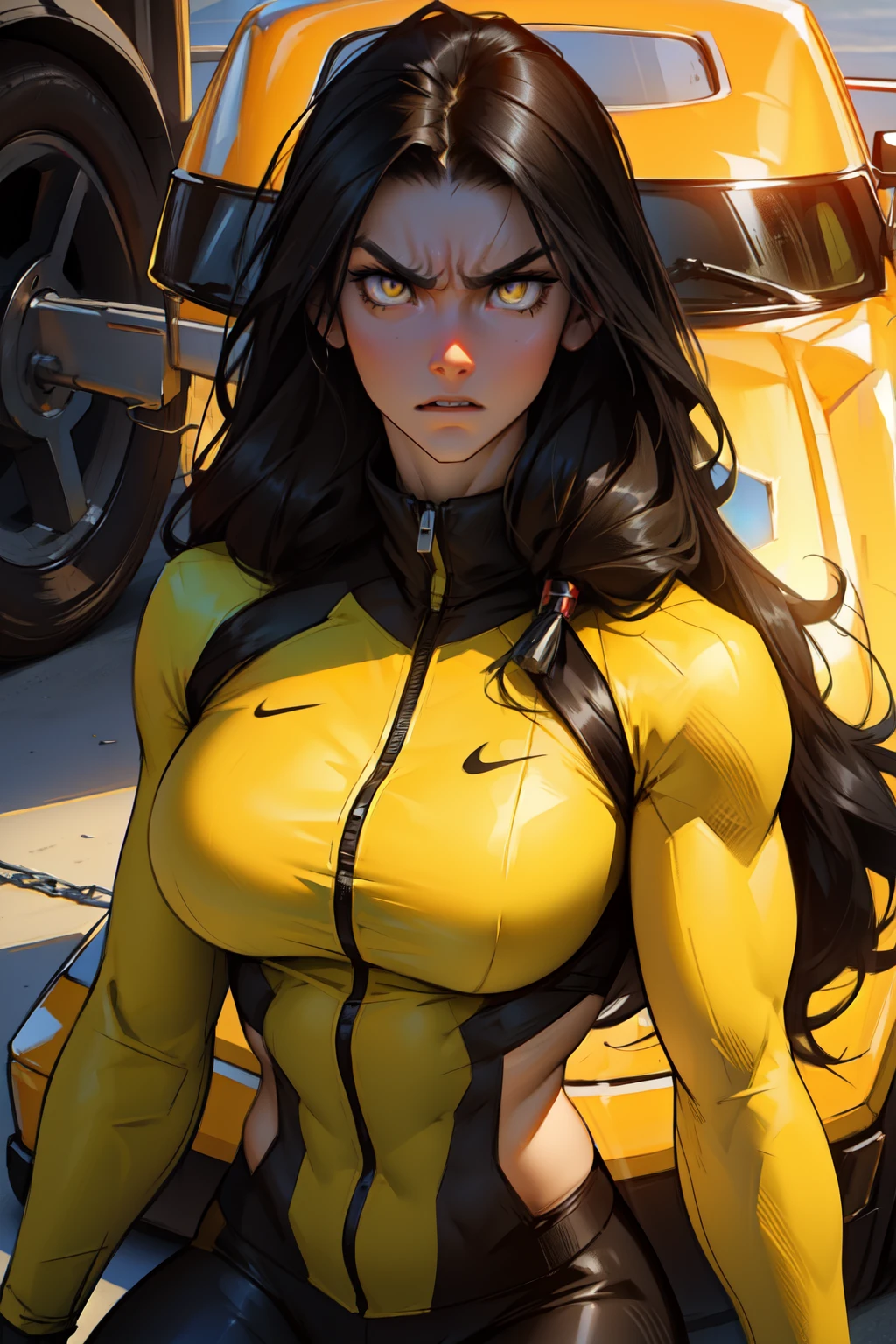 1 girl bodybuilder huge tits black hair yellow eyes very long hair pale skin angry